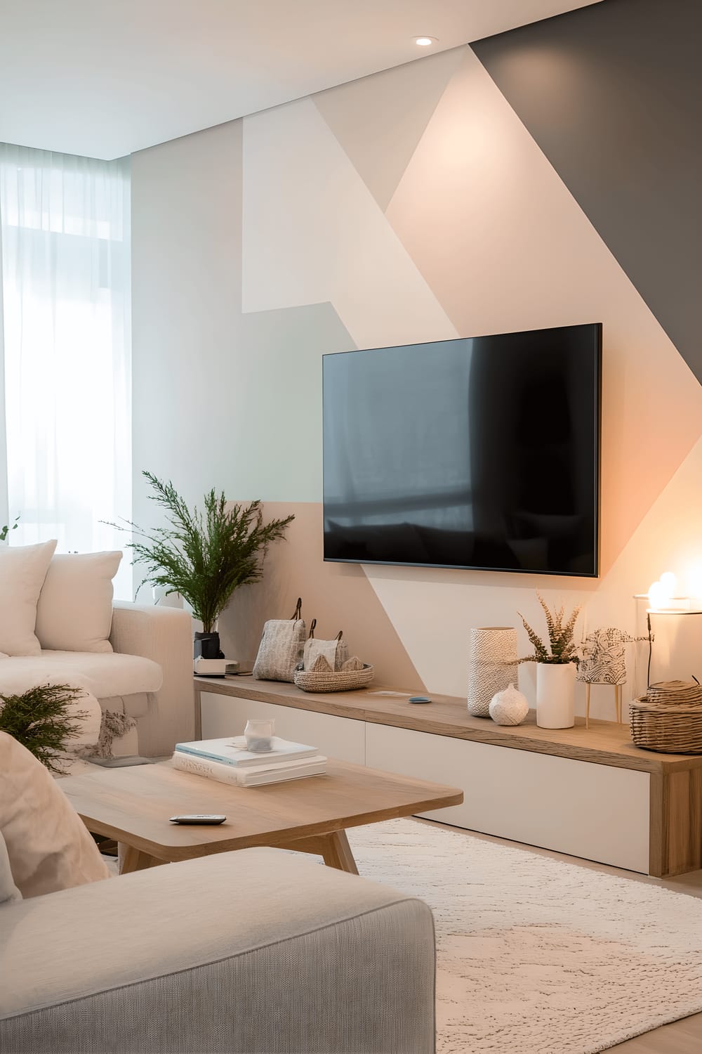 A modern living room centered around a wall-mounted flat screen TV. The TV is set within a large white wall adorned with soft pastel geometric decals that add a subtle pop of color and visual interest. Mellow ambient lighting softly illuminates the wall, highlighting the geometry and patterns of the decals. The furnishings are minimalistic with a grey couch, a wooden table, and a few decorative elements like candles and potted plants.