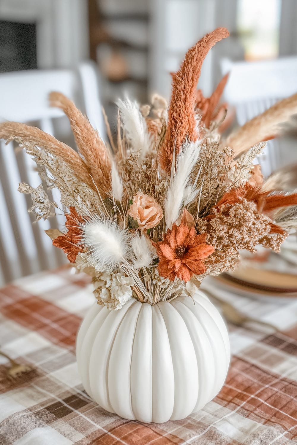 A white, ribbed vase resembling a pumpkin sits centrally on a table adorned with a warm-colored plaid tablecloth. The vase holds a bouquet of dried autumnal flowers, including pampas grass, orange and beige flowers, and other dried botanicals, contributing to a rustic fall aesthetic.