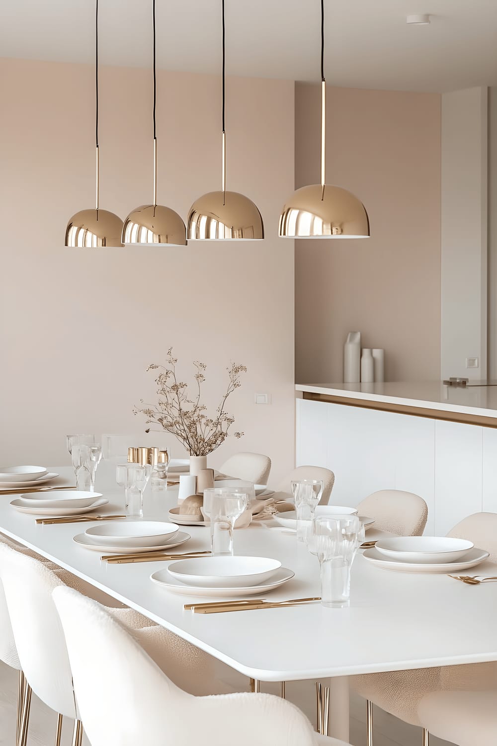 A refined Milanese dining space painted in a soft blush pink, comprised of a rectangular white table adorned with gold flatware and exquisite plates, surrounded by high gloss white cabinetry with opulent gold handles. A line of delicate, golden pendant lights cast a warm glow over the setting. There's a large mirror with an intricate gold frame, reflecting the beautifully arranged dinnerware and enhancing the ambiance of the room.