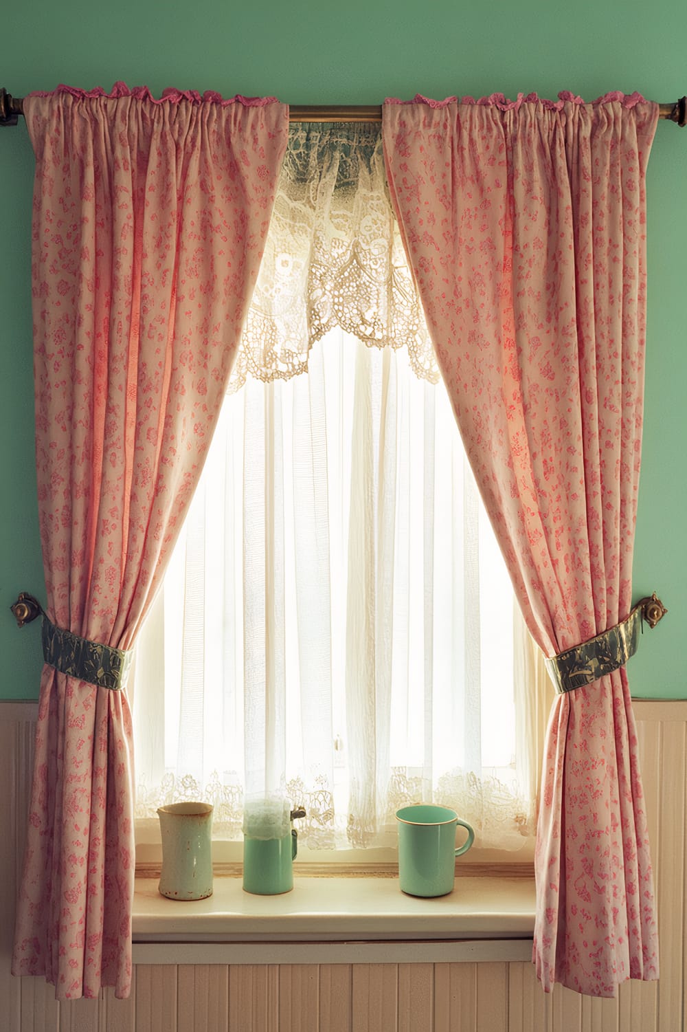 A close-up view of a retro kitchen window adorned with pastel pink curtains with a delicate floral pattern, tied back with small brass tiebacks. A vintage lace valance hangs at the top. The room is filled with bright natural light. Below the window, on the sill, are two mint green cups and a rustic white pitcher.