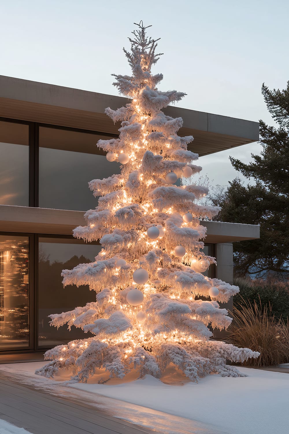 A snow-covered outdoor Christmas tree adorned with white lights and minimalist ornaments stands in front of a sleek, modern home during twilight. The home has large glass windows and is surrounded by a muted winter landscape.