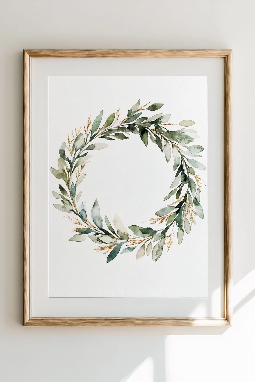 A watercolor painting of a Christmas wreath with minimalist greenery and subtle gold accents, framed in a light wood frame, hanging on a simple white wall with natural light illuminating part of the frame.