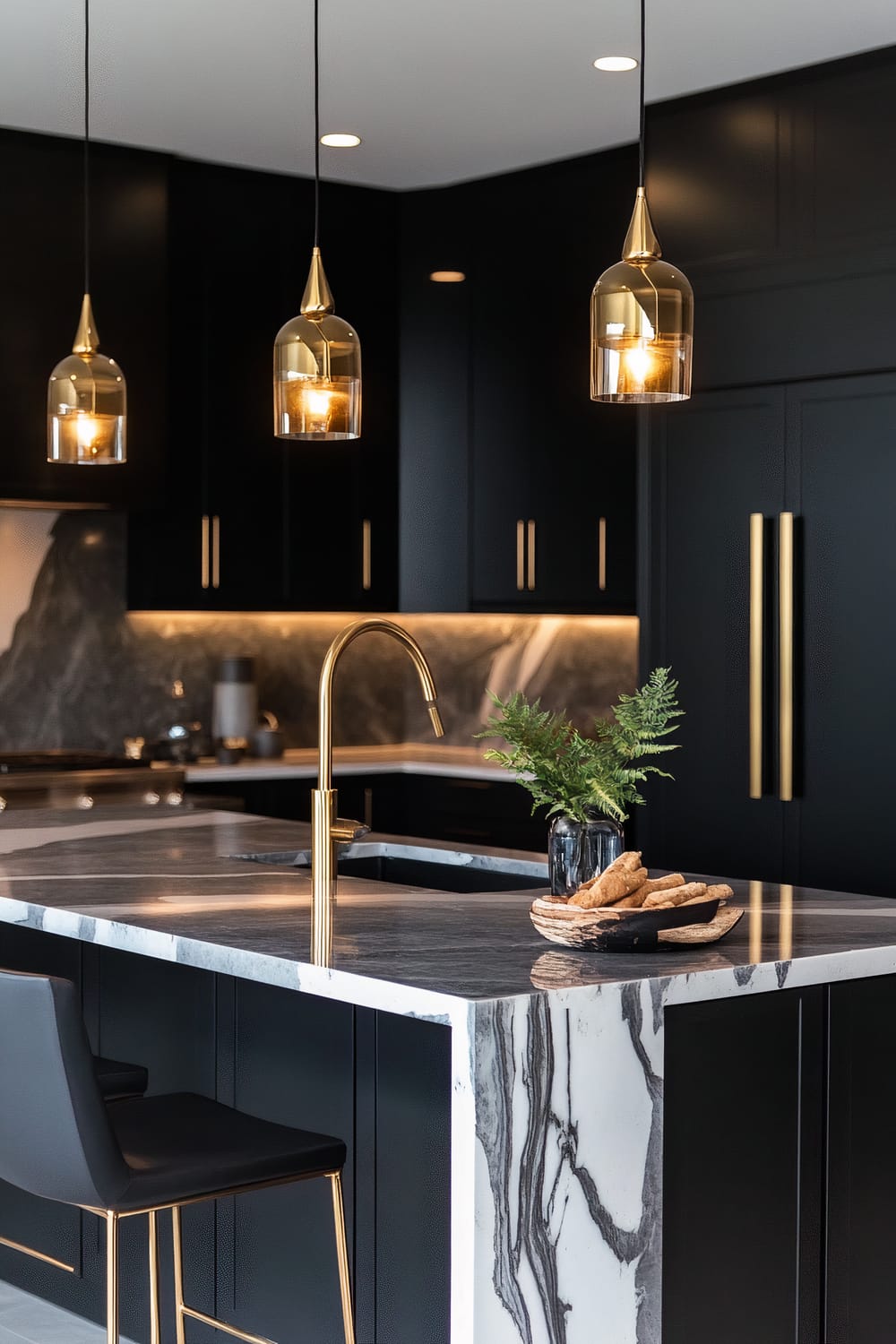 A modern kitchen featuring sleek black cabinetry with gold handles, a marble countertop island with black and white veining, and black chairs with gold legs. Three gold pendant lights hang over the island, providing warm illumination. A gold high-arc faucet is mounted on the island, with a small tray of breadsticks and a green potted plant next to it.