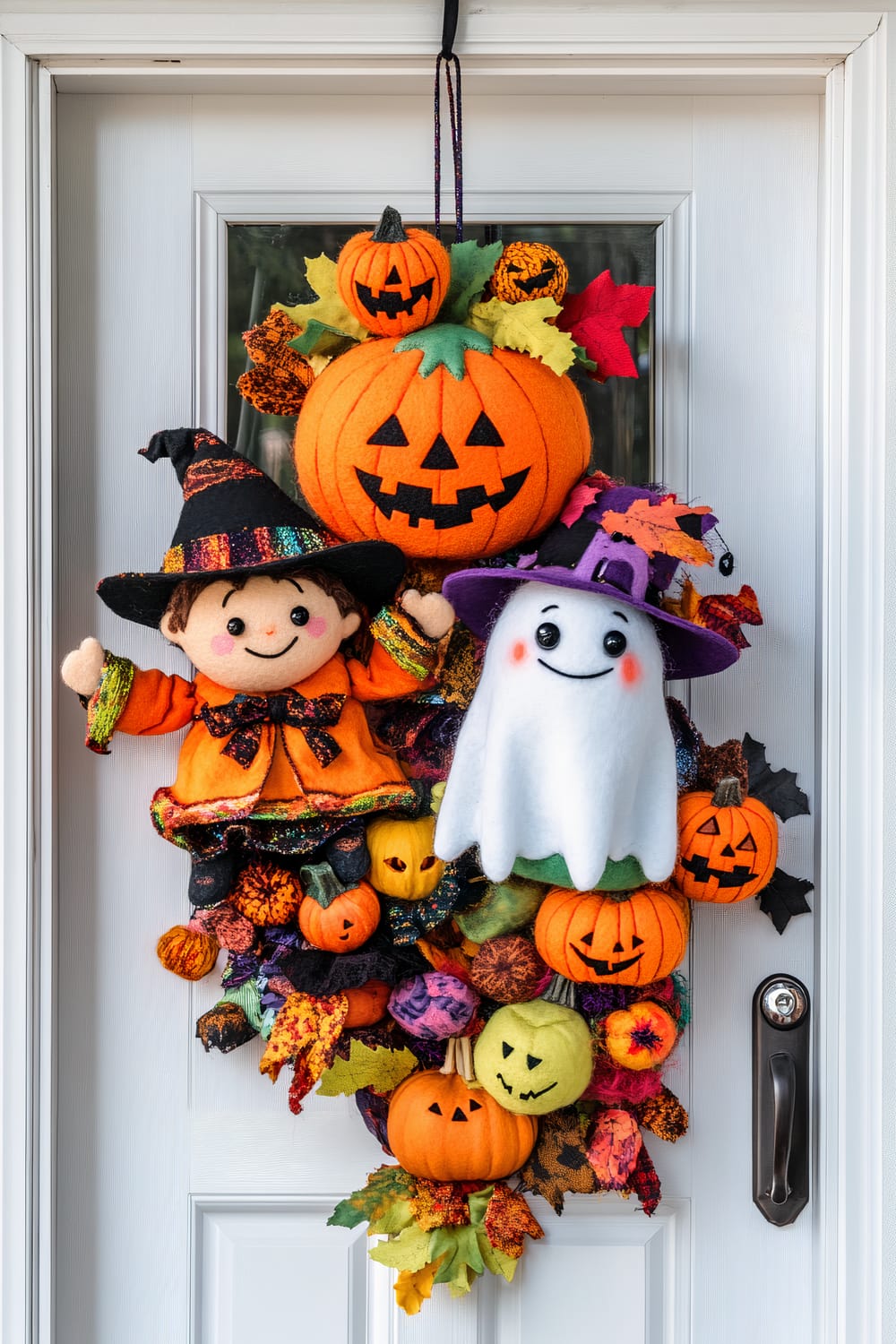 A Halloween-themed door wreath featuring two large fabric pumpkins, one orange and one green, adorned with various smaller pumpkins and autumn leaves. Additionally, the wreath includes a soft toy witch dressed in an orange outfit with black and glittery accents, and a plush ghost wearing a purple witch hat. The door on which the wreath is hung is white and has a rectangular window at the top.