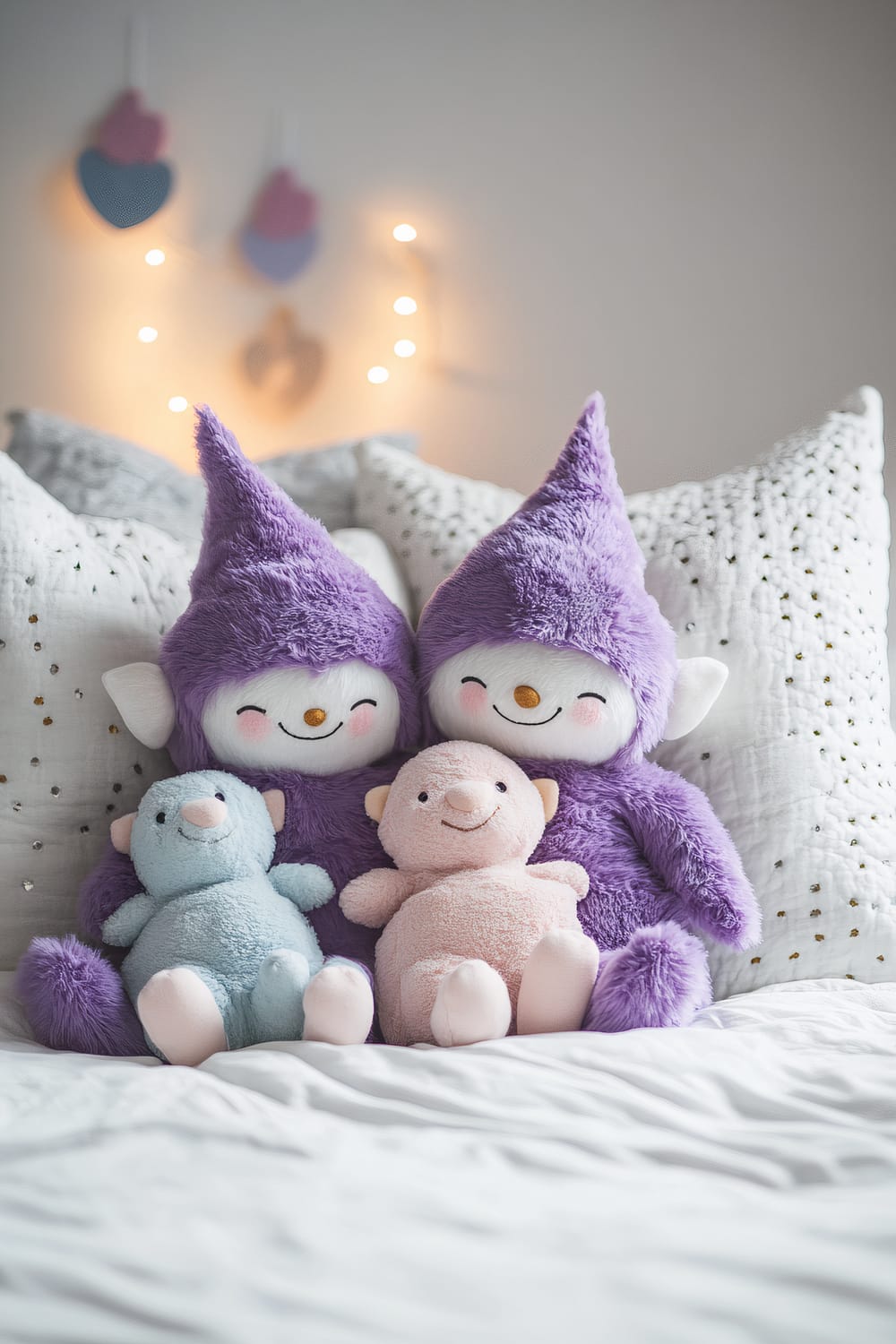 Two purple plush elves hugging three pastel-colored plush toys on a white bed, with light gray walls and soft lighting in the background. Decorative hanging hearts and small string lights add to the cozy atmosphere.