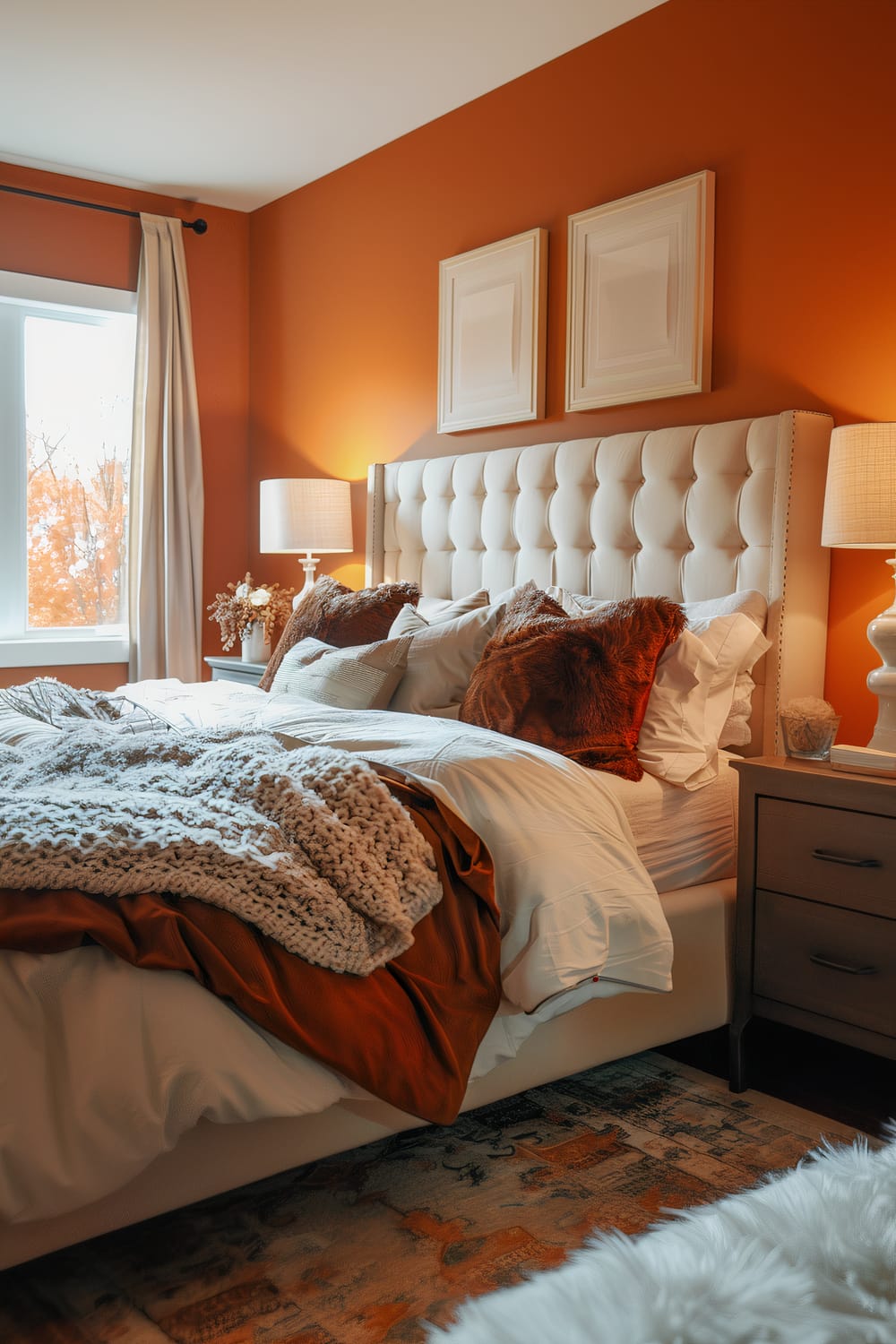 A warmly lit bedroom features a large bed with a tufted beige headboard against an orange accent wall. The bed is adorned with white bedding, brown throw pillows, and a chunky knit blanket. On either side of the bed, matching bedside tables hold table lamps with beige shades. Above the headboard hang two framed abstract art pieces. A window to the left lets in natural light, with beige curtains partially drawn. The room is accessorized with a neutral-colored area rug and dried floral arrangements.