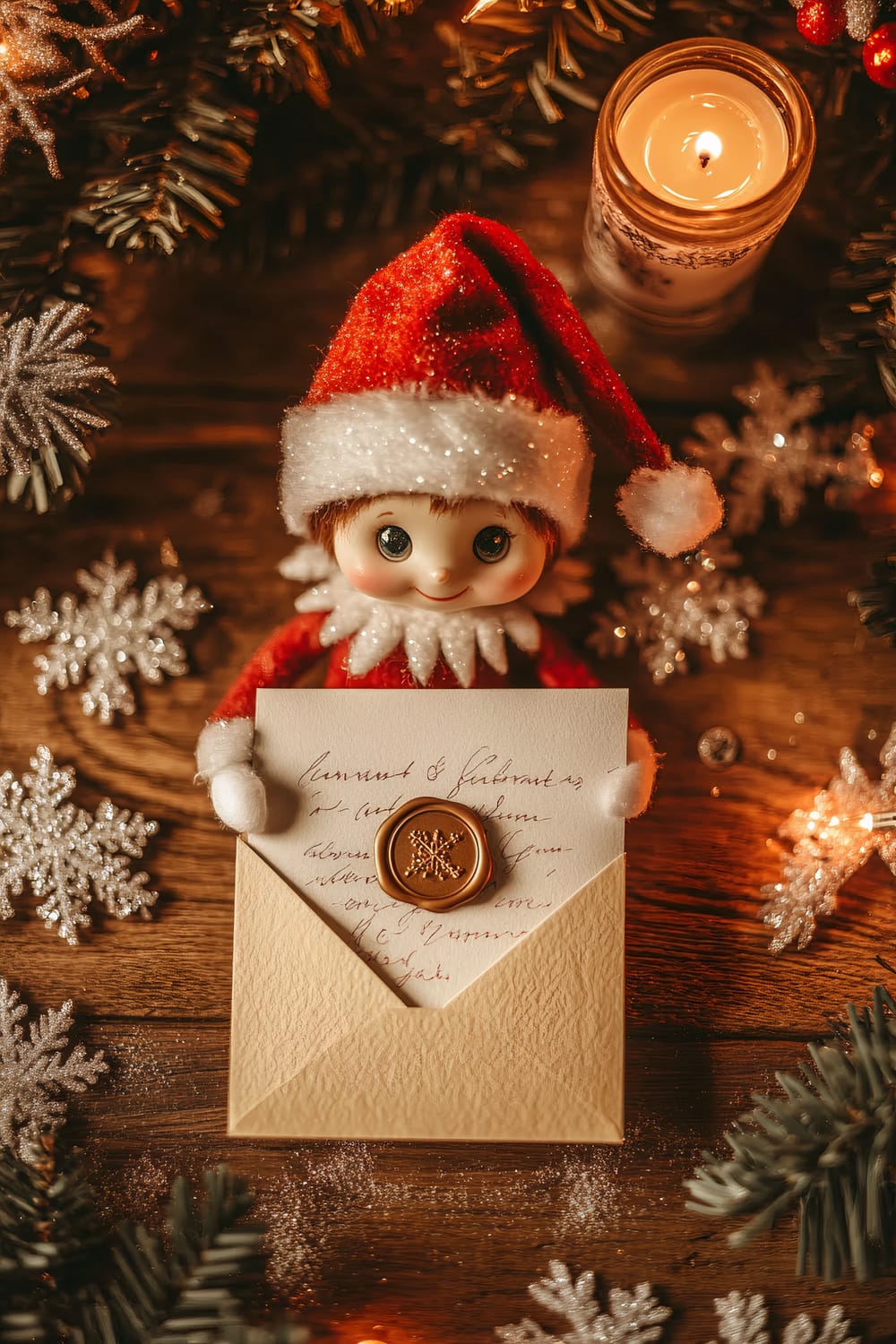 An Elf on the Shelf holding a special letter from Santa Claus is placed on a festive wooden table. The elf is surrounded by tiny glittery snowflakes and a small wax seal on the letter. A warm candle illuminates the scene, adding a magical touch. Rich reds and golds contrast with white snowflakes, contributing to the festive ambiance.