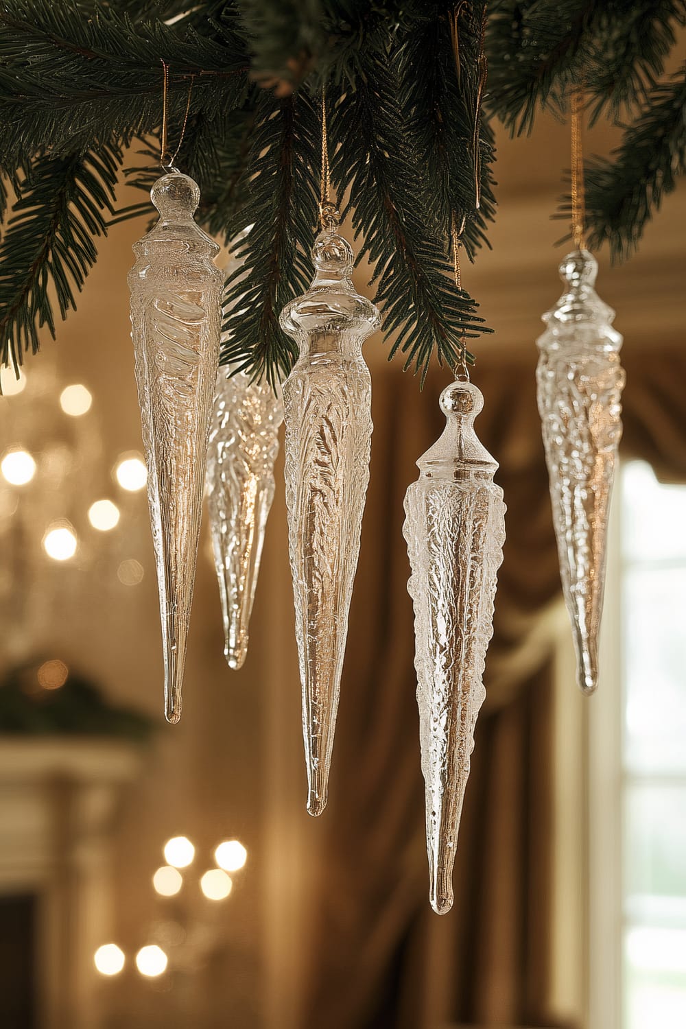 A close-up of ornate white glass icicle ornaments hanging from a traditional evergreen branch. The soft overhead lighting creates shimmering reflections on the ornaments. The background includes a richly decorated traditional living room with warm lighting and draped curtains.