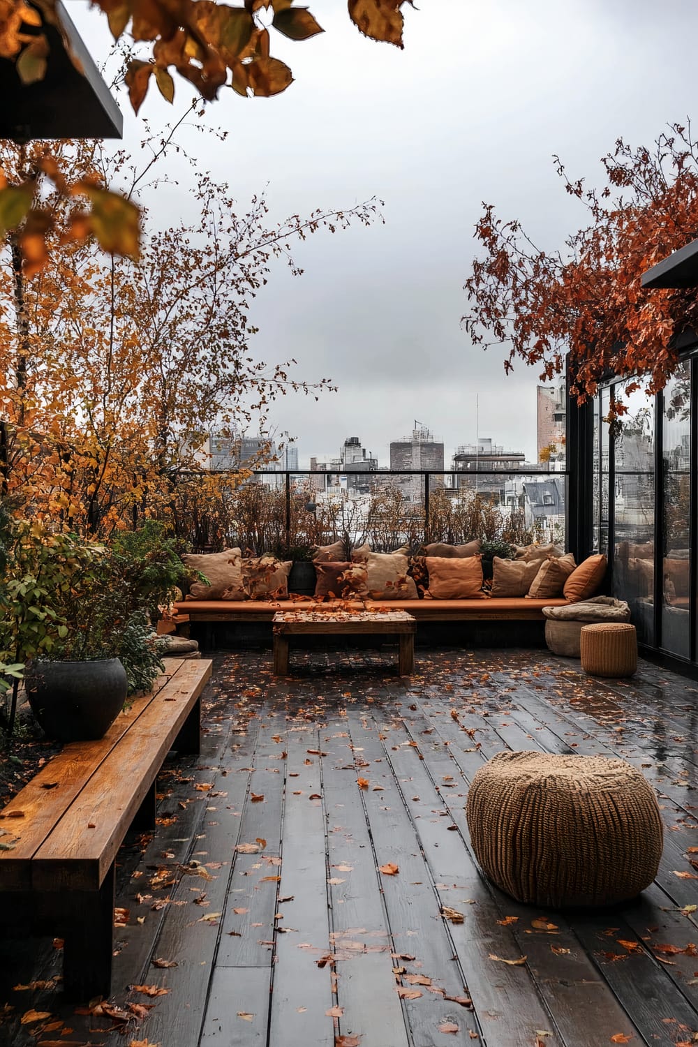 A rooftop patio set against a city skyline during autumn, featuring wooden benches with numerous pillows in shades of brown and beige. A coffee table sits in the middle with fallen leaves scattered across the dark wooden floor. Plants with autumn leaves line the patio, enhancing the seasonal atmosphere with shades of gold, orange, and brown. The sky is overcast, contributing to the cozy and serene ambiance.