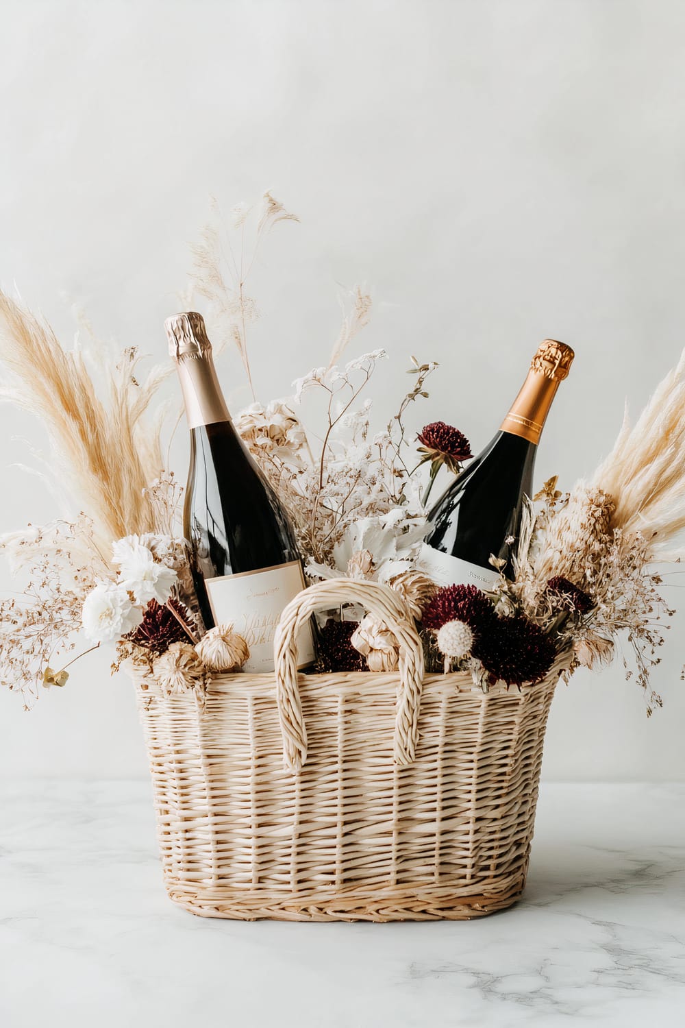 A wicker basket filled with dried flowers and two bottles of champagne placed on a light-colored marble surface. The basket showcases a combination of pampas grass, white blossoms, burgundy chrysanthemums, and other dried foliage. The champagne bottles are positioned prominently, one with a gold foil and the other with rose gold foil, adding an elegant touch to the rustic arrangement.