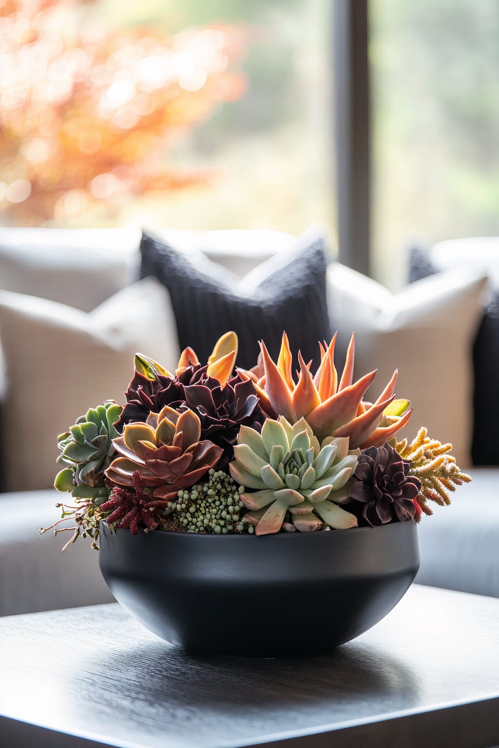 This image showcases a black bowl filled with a vibrant and diverse array of succulents, placed on a dark wooden table. The succulents exhibit various shades of green, red, and yellow. In the background, there is a blurred view of a light-colored couch adorned with dark and light throw pillows, and a window with a blurred view of greenery outside.