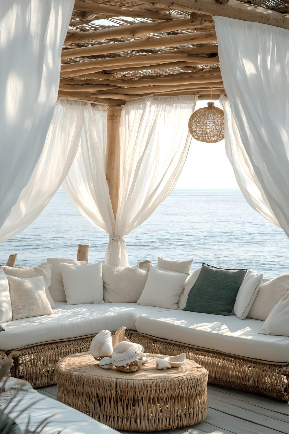 A serene beachfront gazebo with soft white curtains gently swaying in the ocean breeze. The inside of the gazebo features comfortable woven seating and is adorned with natural driftwood accents and seashell decorations. The background offers a subtle hint of the ocean with waves gently crashing, enhancing the overall tranquil vibe of this dreamy seaside retreat.