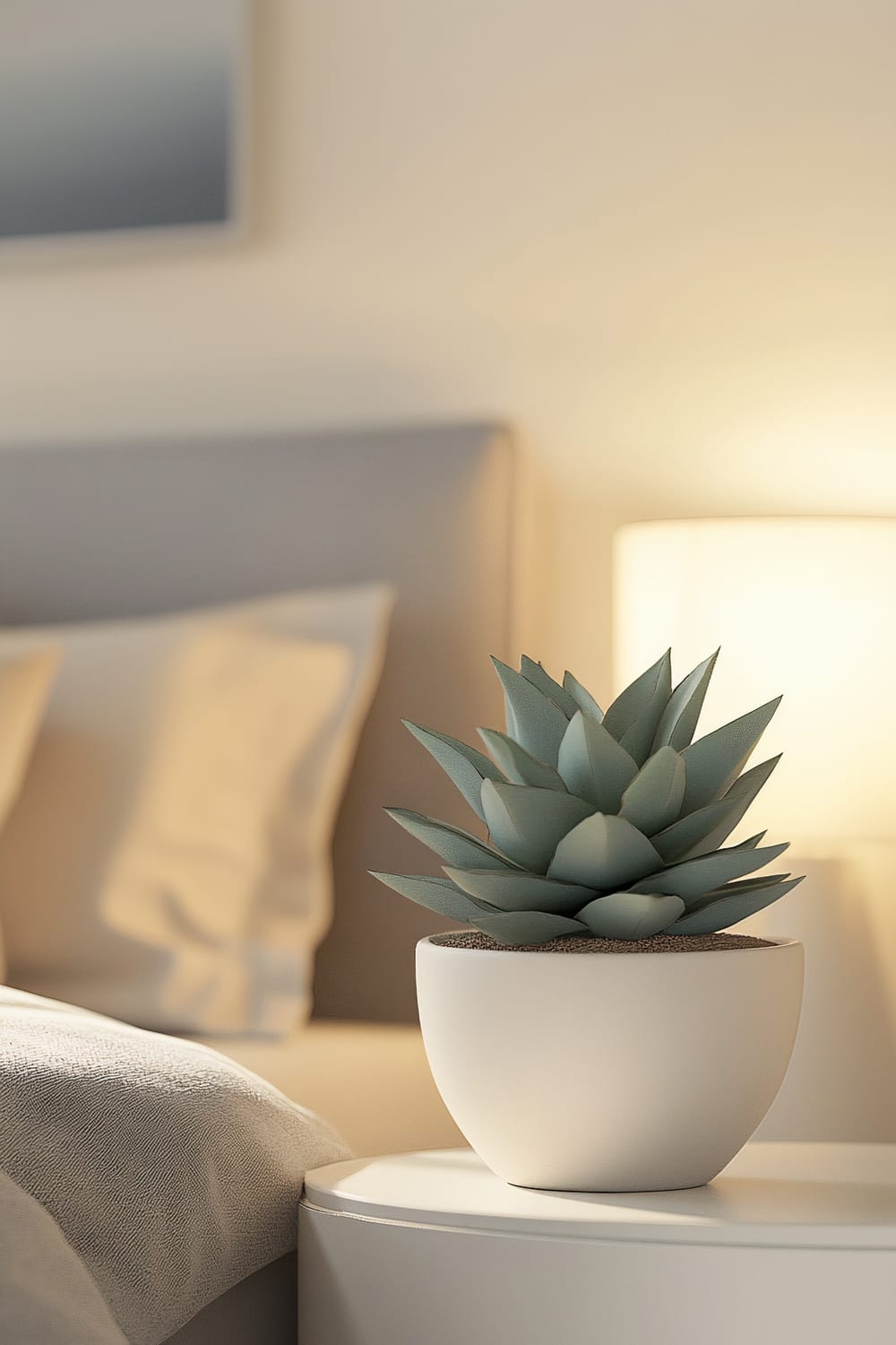 A minimalist bedroom featuring a teal succulent in a small, plain white ceramic pot placed on a round bedside table. The room has a neutral color scheme with soft bedding in light beige and a grey upholstered headboard. A warm bedside lamp adds a cozy ambiance, highlighting the teal hue of the succulent.