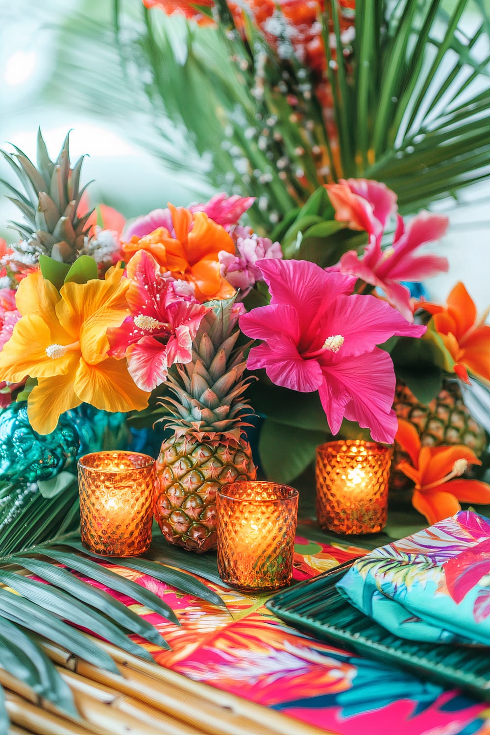 A vibrant tropical table setting featuring a centerpiece of pineapples and colorful hibiscus flowers in shades of pink, orange, and yellow. Surrounding the centerpiece are three amber-colored glass candle holders with lit candles inside, adding a warm glow. The table is adorned with lush green palm leaves and bright, multicolored floral napkins spread out on top of a woven bamboo mat.