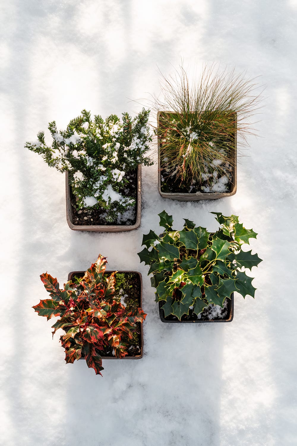 An overhead view of four square planters arranged symmetrically on a white snowy surface. Each planter contains a different type of cold-weather plant. One planter has a small evergreen covered with light snow, another features ornamental grass with long, thin blades, and two others contain different types of holly with dark green and red-tinted leaves. Soft morning light casts gentle shadows, adding to the serene and balanced composition.