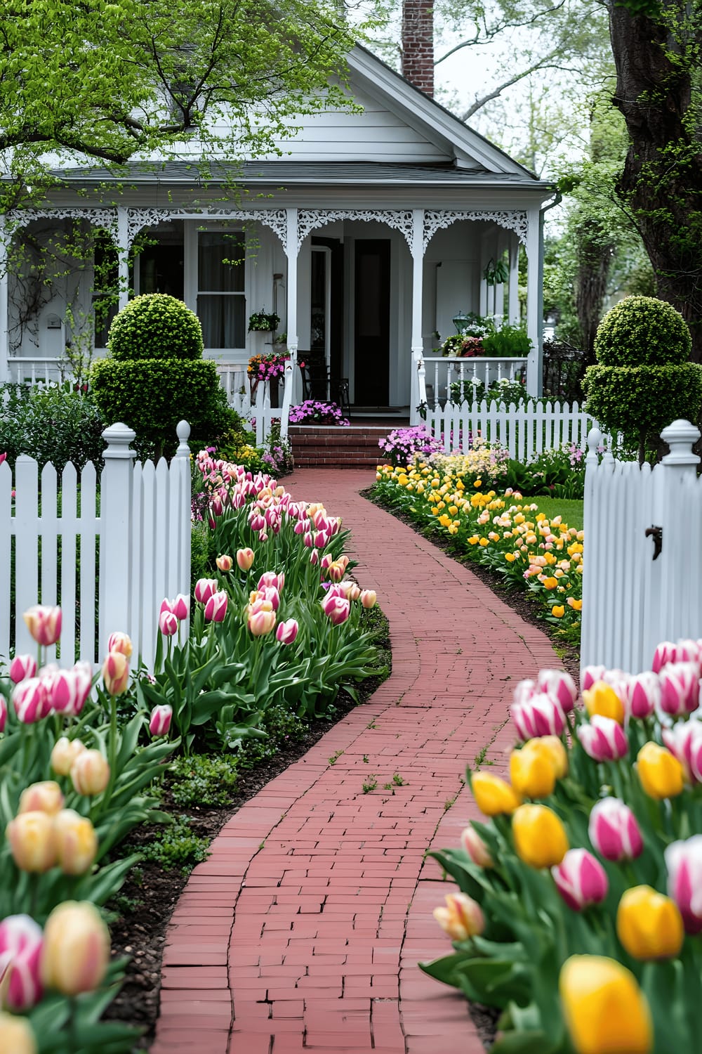 A charming picture showcasing a front yard garden with a clean white picket fence. Pink and yellow tulips are neatly arranged in flower beds, and a winding red brick pathway leads to a cozy porch. Two symmetrical topiary bushes frame the house's entrance enhancing the garden's appearance. This is a bright and cheerful neighborhood scene.