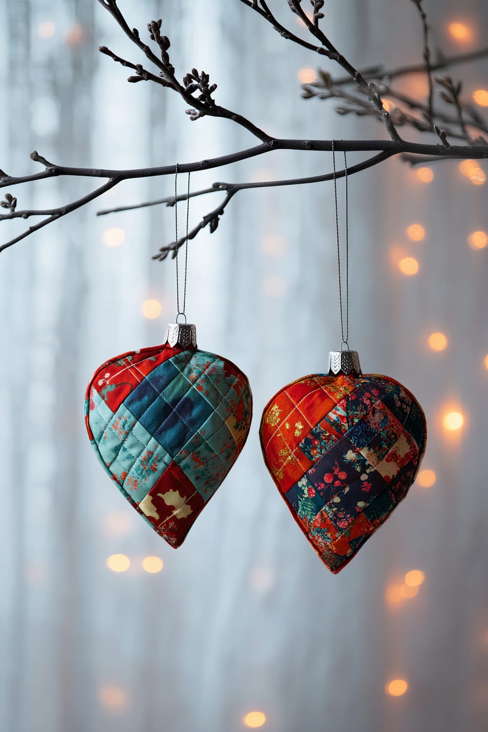 Two heart-shaped quilted Christmas ornaments made of contrasting fabrics with modern geometric and boho floral designs hang from a single steel branch. The backdrop is softly illuminated with warm lights, creating a cozy holiday atmosphere.