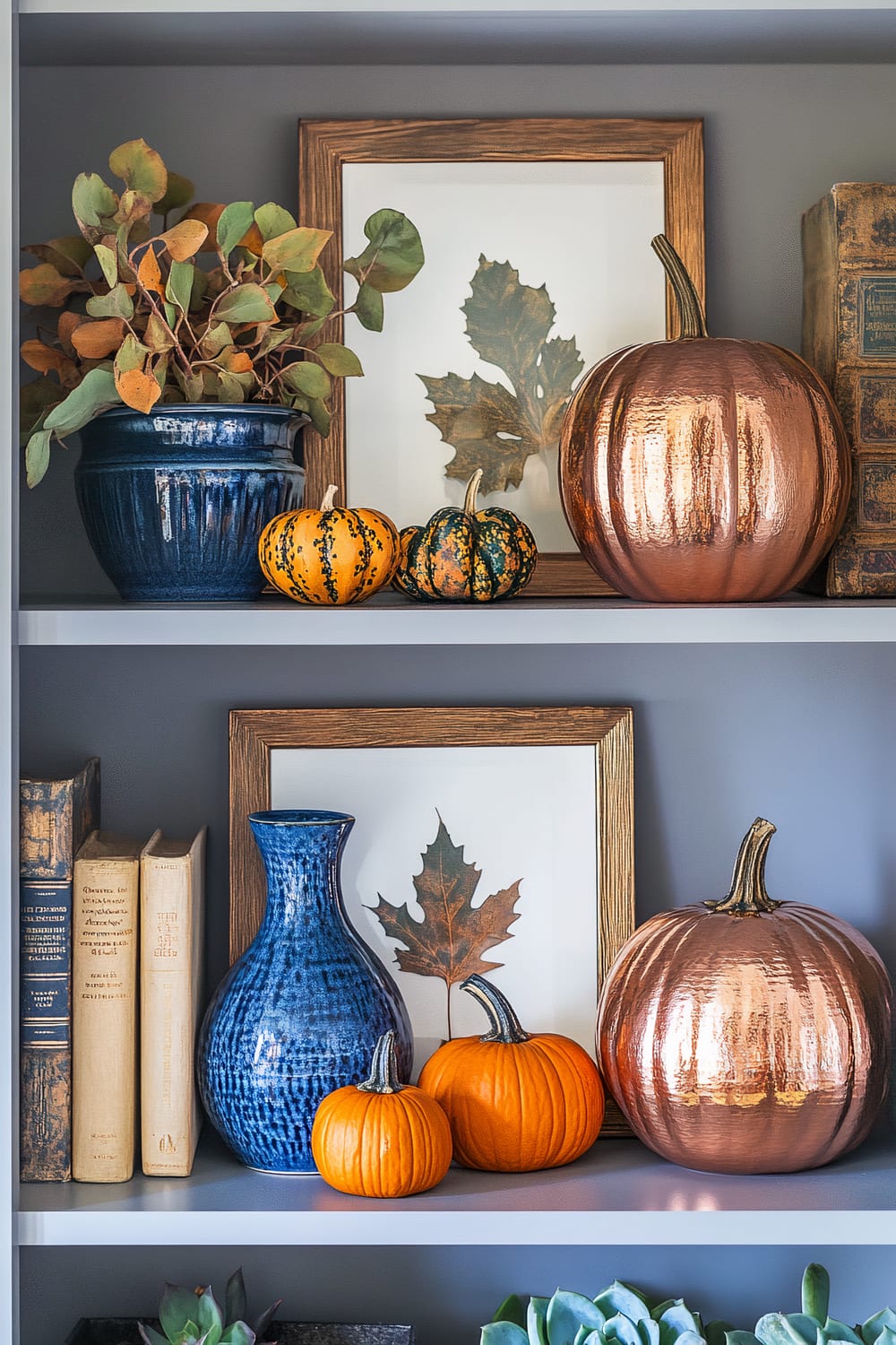 An eclectic Thanksgiving-themed shelf display featuring a mix of vintage copper items, cobalt blue ceramic vases, minimalist fall art prints, small wooden pumpkins in vibrant colors, lush green succulents, and stylish fall books. Various decorative items are arranged on two shelves with warm lighting highlighting each piece.