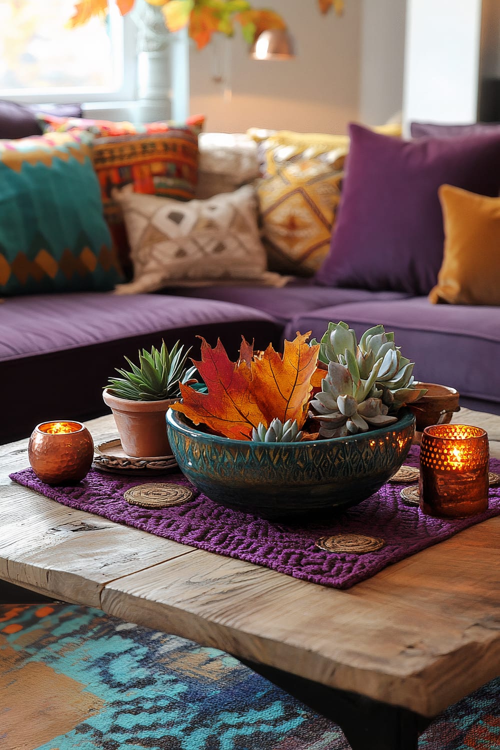 A boho-chic living room decorated for Thanksgiving features a rustic wooden coffee table with a deep purple woven runner. A ceramic bowl with autumn leaves and succulents, small terracotta pots, and copper handmade candle holders are present. Behind the table, there is a sofa adorned with vibrant, patterned cushions in jewel tones, accompanied by a large woven rug underneath.