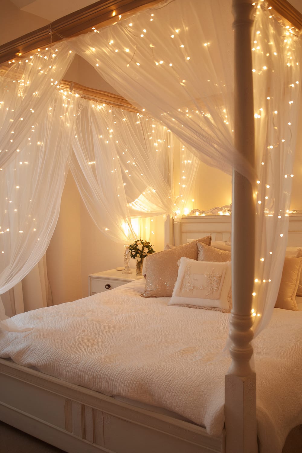 A king-sized bed adorned with a luxurious white silk canopy draped elegantly, embellished with twinkling fairy lights. The bed is dressed in crisp white bedding with decorative pillows, one featuring a floral design. Ambient lighting softly illuminates the serene bedroom, giving it a dreamy and festive atmosphere. A small bedside table with a lamp and a vase of fresh flowers complements the tranquil setting.