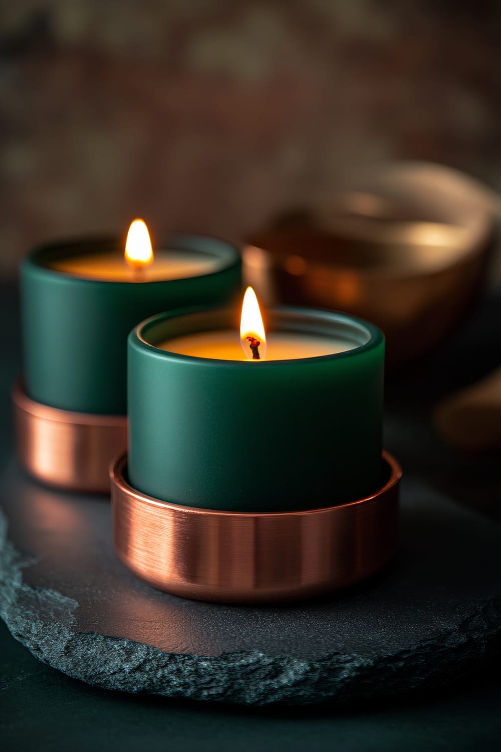 Two lit emerald green candles in copper holders are arranged on a dark slate base, emitting a warm glow against a blurred background.