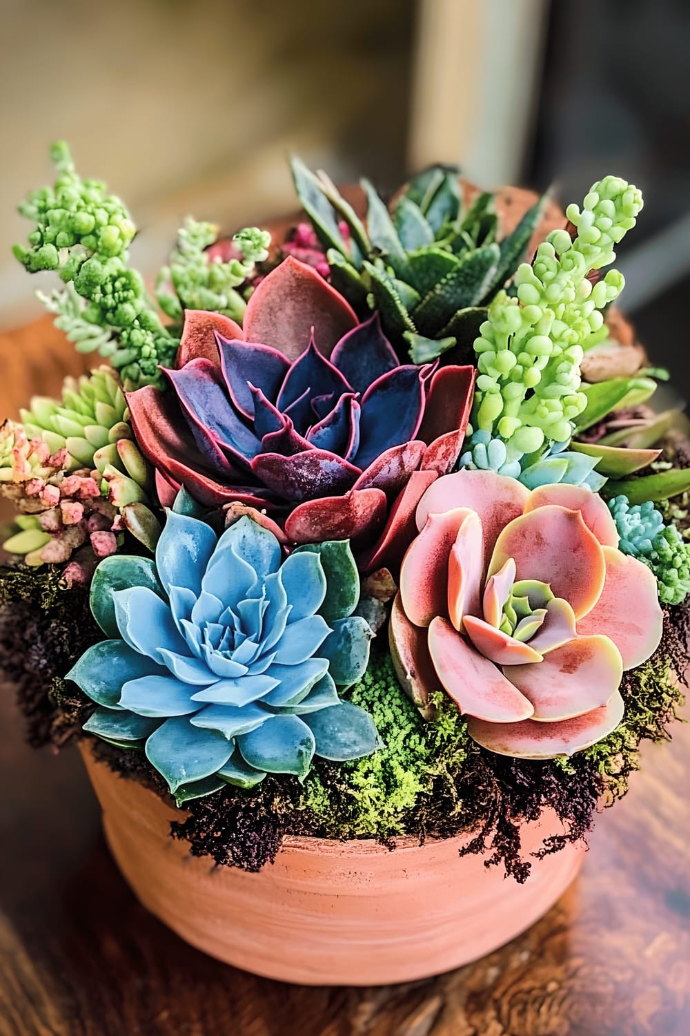 A colourful succulent arrangement inside a rustic terracotta pot placed on a wooden surface. The assortment features a variety of succulents including a distinctive blue echeveria, a dark purple rosette, and green and red-toned plants. The design is further enriched with a touch of moss.