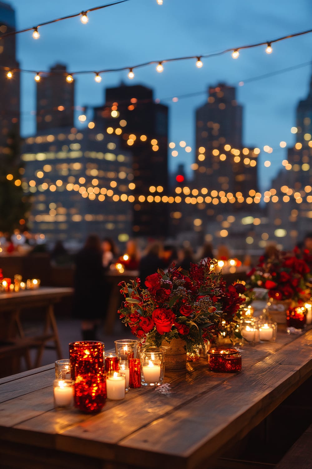 An outdoor evening event in a city setting, featuring long wooden tables adorned with lit candles and red floral arrangements. String lights are hung above, illuminating the atmosphere. The background shows blurred city skyscrapers against the evening sky, with more lights and people in the distance.