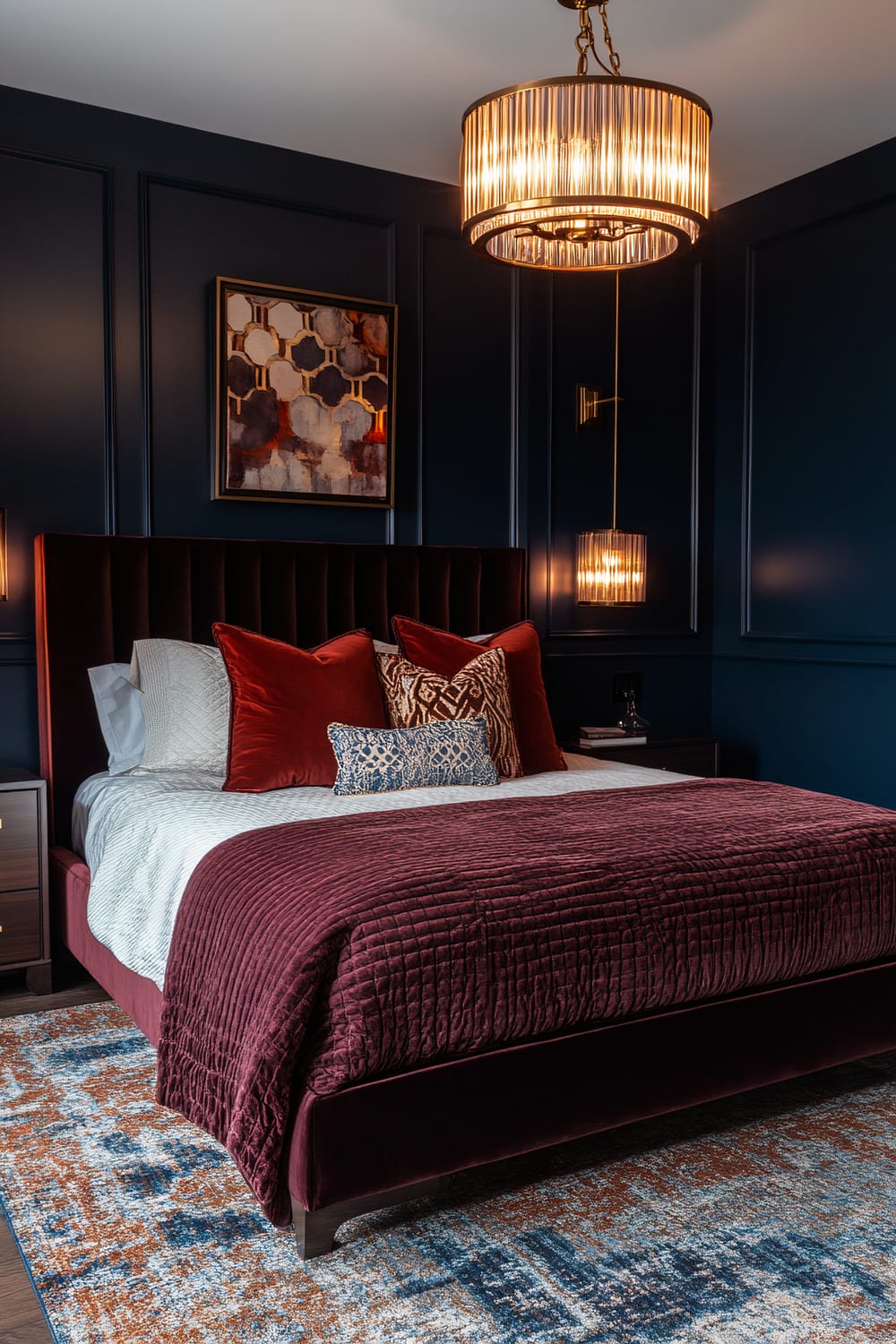 A modern bedroom with deep navy blue walls, featuring a maroon velvet bed with a tufted headboard, adorned with various textured pillows. A chic, abstract artwork hangs above the bed, while warm, gold-based lighting fixtures provide illumination. A patterned area rug in blue, orange, and white covers the floor.