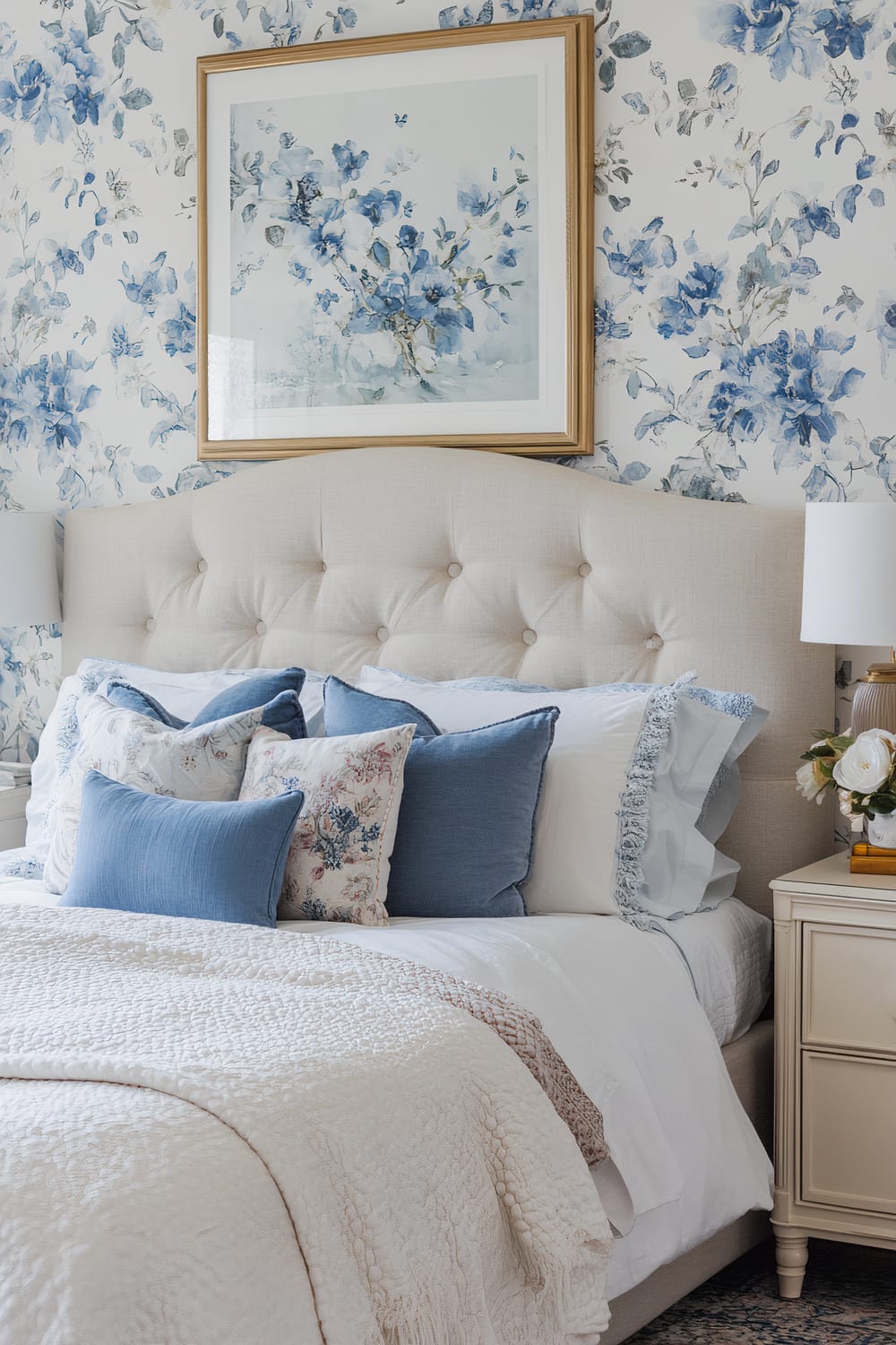 A bedroom features a beige tufted headboard against a floral wallpaper with blue and white hues. The bed is adorned with blue and floral cushions, complemented by white and light blue bedding. A framed artwork of blue flowers hangs above the bed. A bedside table with a white lamp and a small floral arrangement is positioned on the right side of the bed.