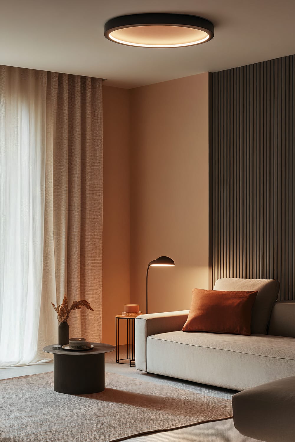 A stylish living room with a modern ceiling fixture, a slim floor lamp beside a minimalist beige sofa, and a small table lamp on a side table. The room is designed with a neutral color palette featuring a single vibrant rust-colored accent pillow on the sofa. A round coffee table with decorative items is placed on a beige carpet. Light curtains cover the window, and a textured wall panel adds depth to the space.