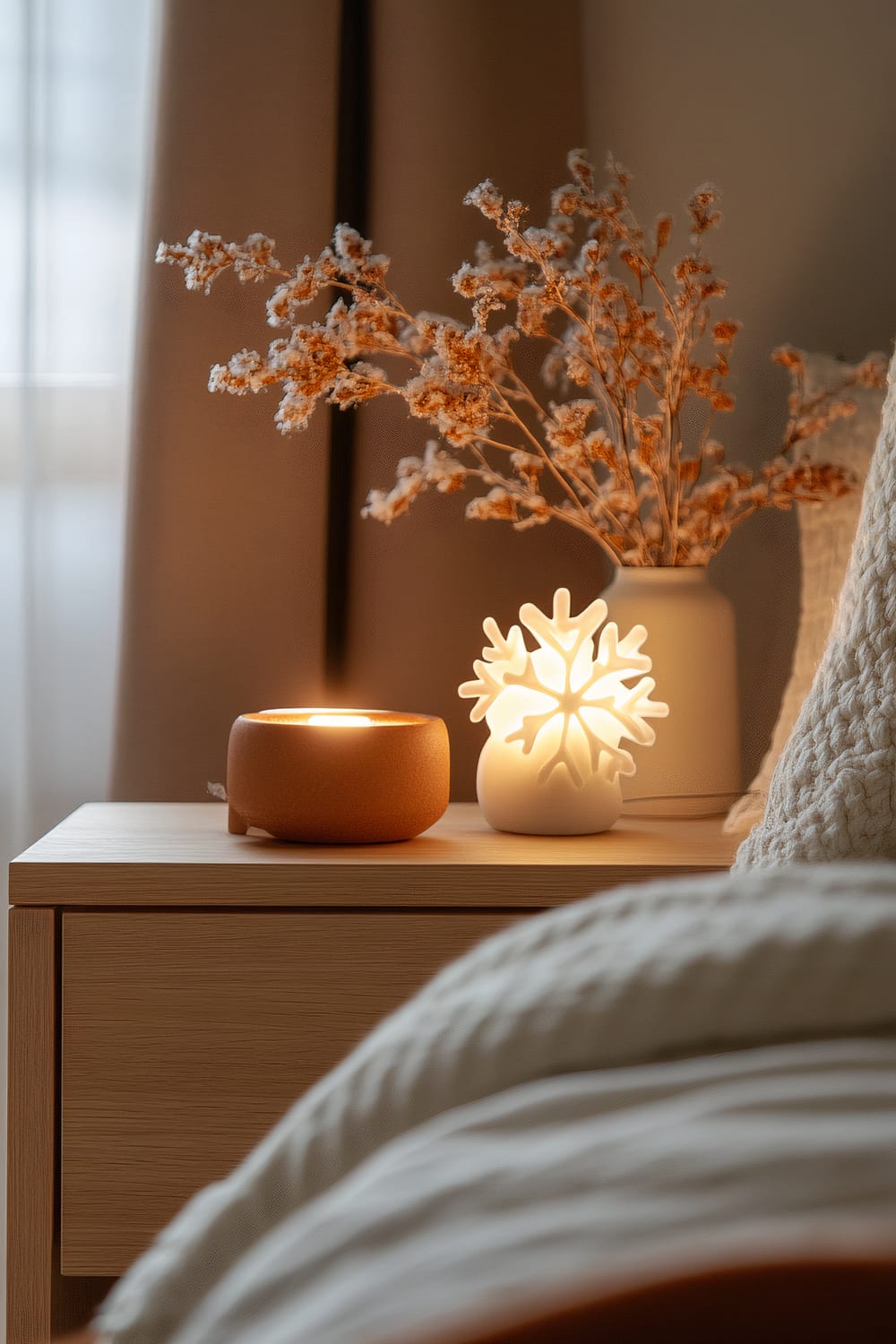 A minimalist wooden nightstand features a glowing white ceramic snowflake lamp and a small brown candle. Behind them is a white vase with dried flowers. A bed with a knit blanket is partially visible beside the nightstand. Soft, warm lighting illuminates the scene, and beige curtains provide a neutral background.