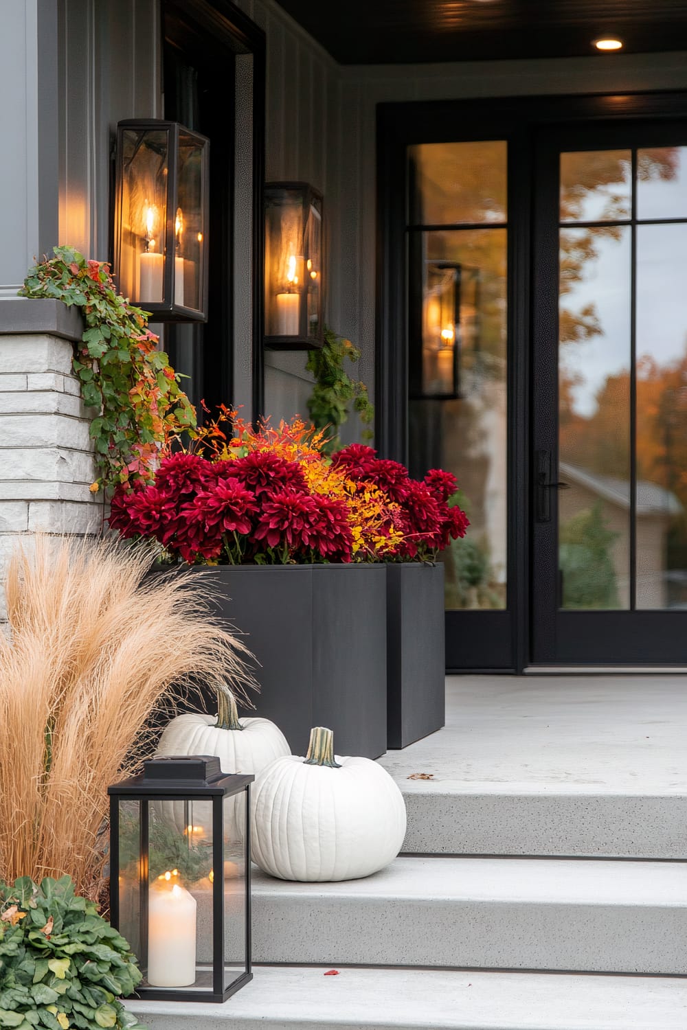 A modern porch decorated for autumn. The scene features large black planters filled with vibrant red and yellow chrysanthemums. Two white pumpkins are placed on the steps, next to a black lantern containing a lit candle. Additional greenery and ornamental grasses are also present. The porch has soft lighting from glass-encased wall sconces and glass-paned doors in the background.