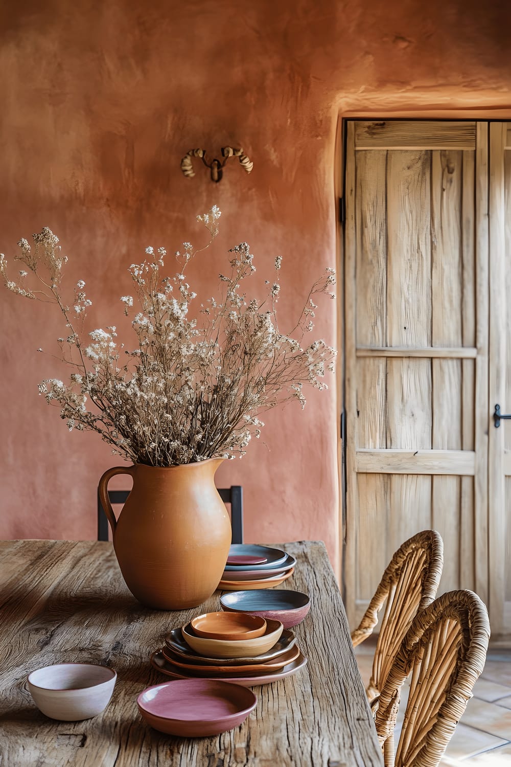 A vivid image showcasing a Mediterranean-inspired dining space with terracotta-colored walls. In the center is a rustic wooden dining table set with mismatched colorful ceramic plates. Surrounding the table are several woven rattan chairs. An oversized clay jug with dried wildflowers adds a unique touch to the room and complements the earthy theme.