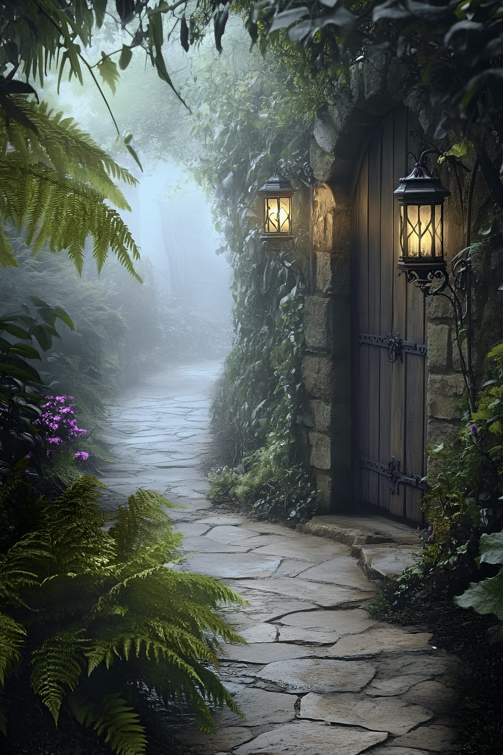 A hidden rustic pathway made of intertwining stones disappears into a verdant overgrowth of tall ferns and flowering vines. The path is subtly lit by the warm golden light of antique wrought iron lanterns. A soft morning mist is rising from the ground, providing an ethereal touch. At the end of the pathway, one can just see an ancient wooden door slightly ajar, offering a beguiling sense of mystery and enchantment to the scene.