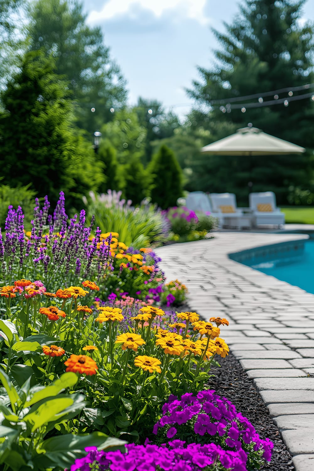 A picturesque backyard garden bathed in sunlight. A stone pathway meanders through vibrant flower beds blooming with zinnias and lavender and leads to an inviting outdoor seating area with white wicker furniture and a green umbrella. The seating area is adjacent to a gleaming blue swimming pool. Surrounding the backyard are lush green trees, tall grasses, and festive string lights.