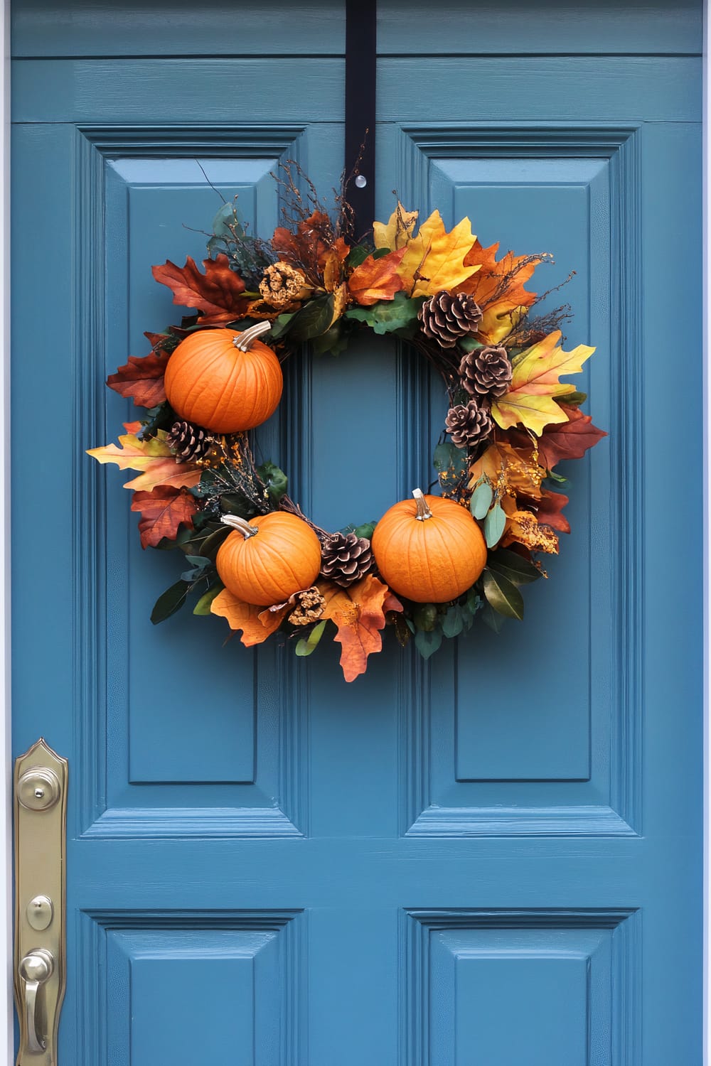 An intricately decorated autumn wreath is mounted on a teal-colored door. The wreath is adorned with miniature pumpkins, pinecones, and an array of autumn leaves in vibrant colors of orange, yellow, and red. The door's hardware is gold-colored, contrasting with the teal backdrop.