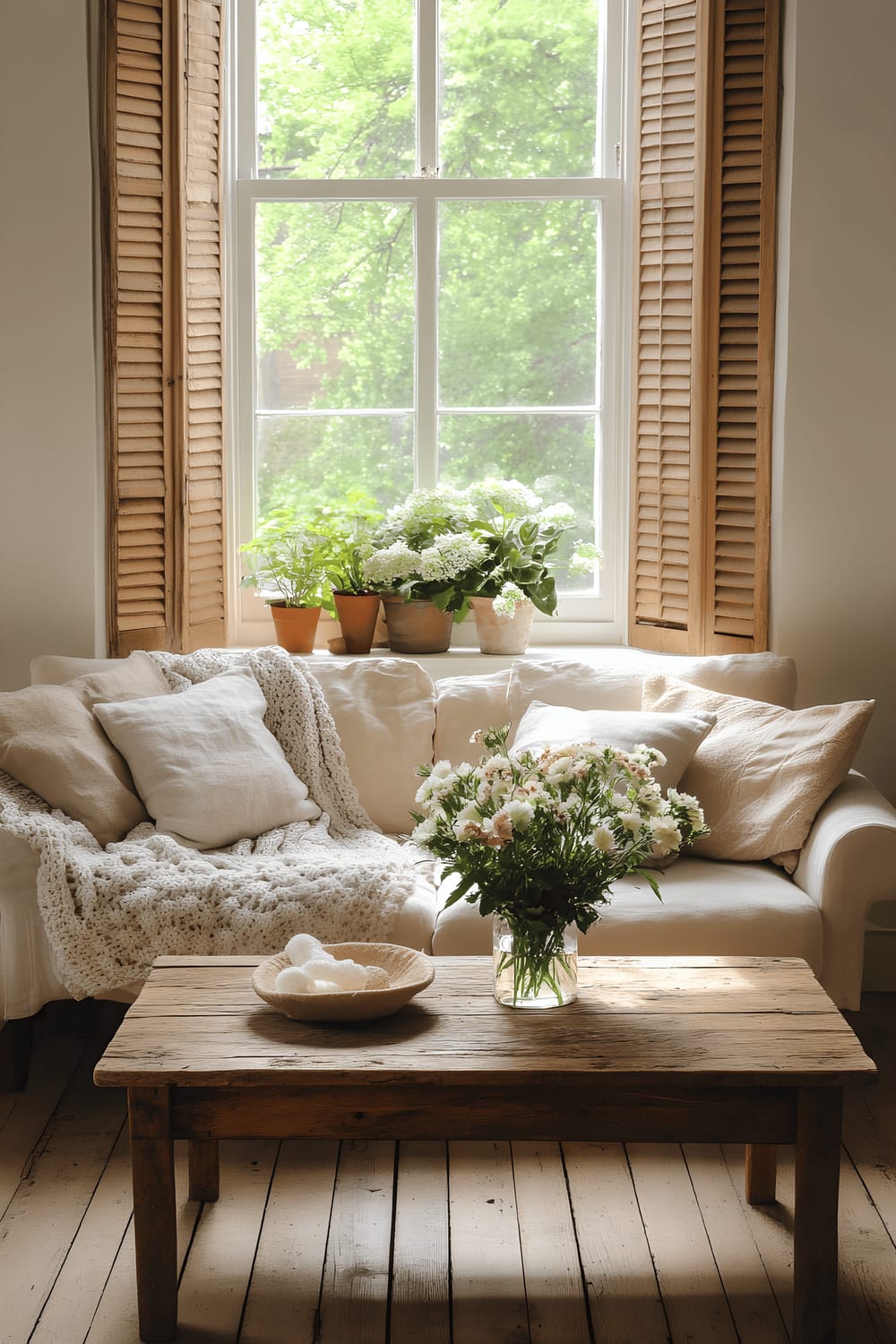 A charming, vintage-style Hampstead cottage apartment featuring warm wooden floors, soft beige walls, a comfortable linen sofa adorned with knitted throws, and a rustic wooden coffee table with fresh wildflowers. Large windows with wooden shutters bring gentle, aesthetically pleasing light into the room, illuminating potted houseplants and vintage decor.