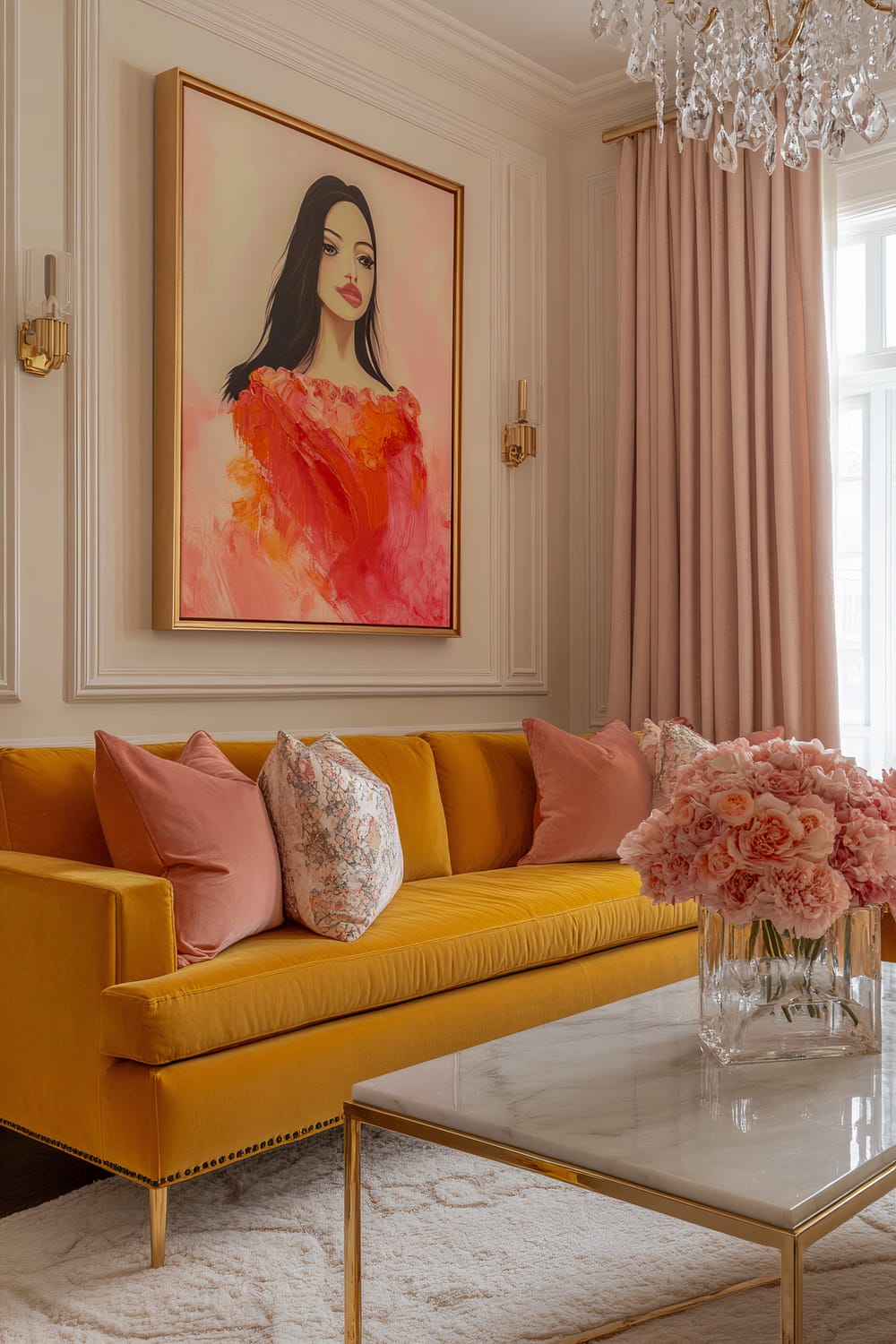 A living room with a mustard yellow velvet sofa adorned with blush pink pillows. A colorful painting of a woman in vibrant oranges, reds, and pinks hangs above the sofa. The room features a sleek gold-framed mirror on the opposite wall, modern crystal chandelier, marble-top coffee table with gold legs, plush cream rug, soft beige walls, and blush pink curtains. A vase with pink flowers is on the coffee table.