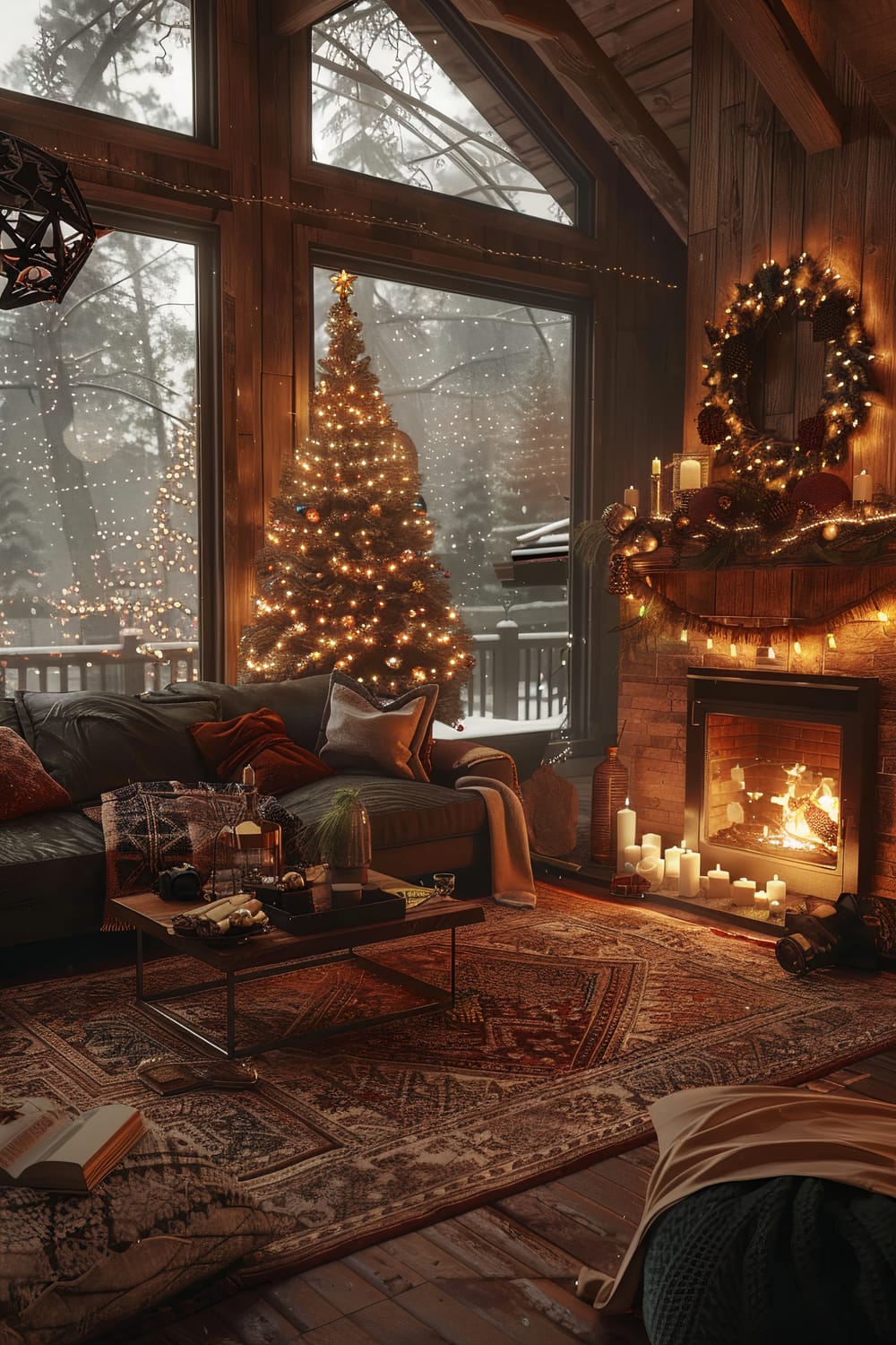 A warmly lit living room with rustic wooden panels, a decorated Christmas tree with lights, a large dark green sectional sofa with patterned and solid-colored pillows, a low wooden coffee table, and a stone fireplace adorned with candles and a wreath. Large windows reveal a snowy forest outside with fairy lights. A patterned rug and various cozy textiles complete the scene.