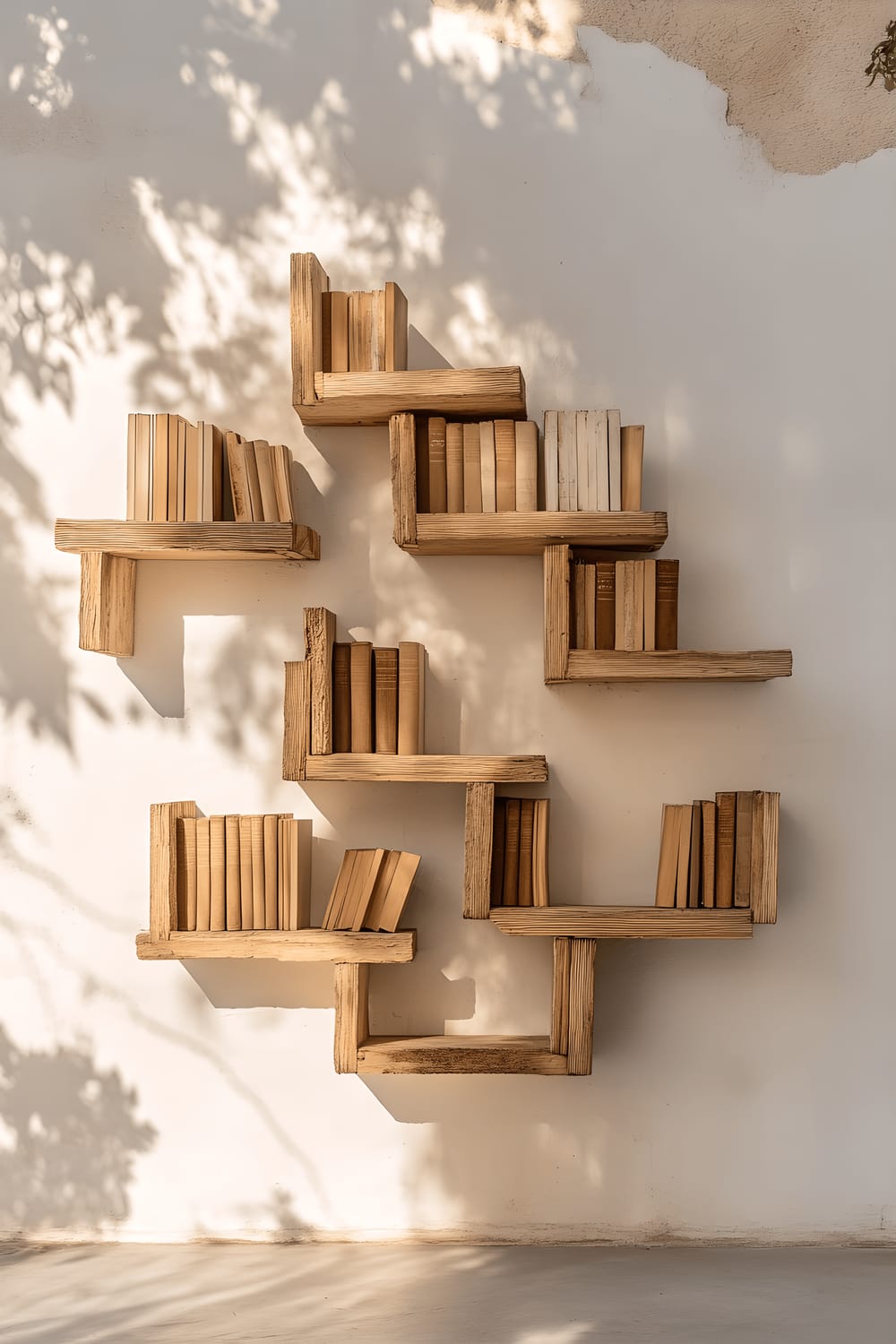 A rustic floating bookshelf made of raw reclaimed wood, arranged asymmetrically against a white stucco wall. The scene is suffused with a warm golden light from a setting sun. On the shelves, there are a mix of books, planters, and other odds and ends, which personalizes the space.