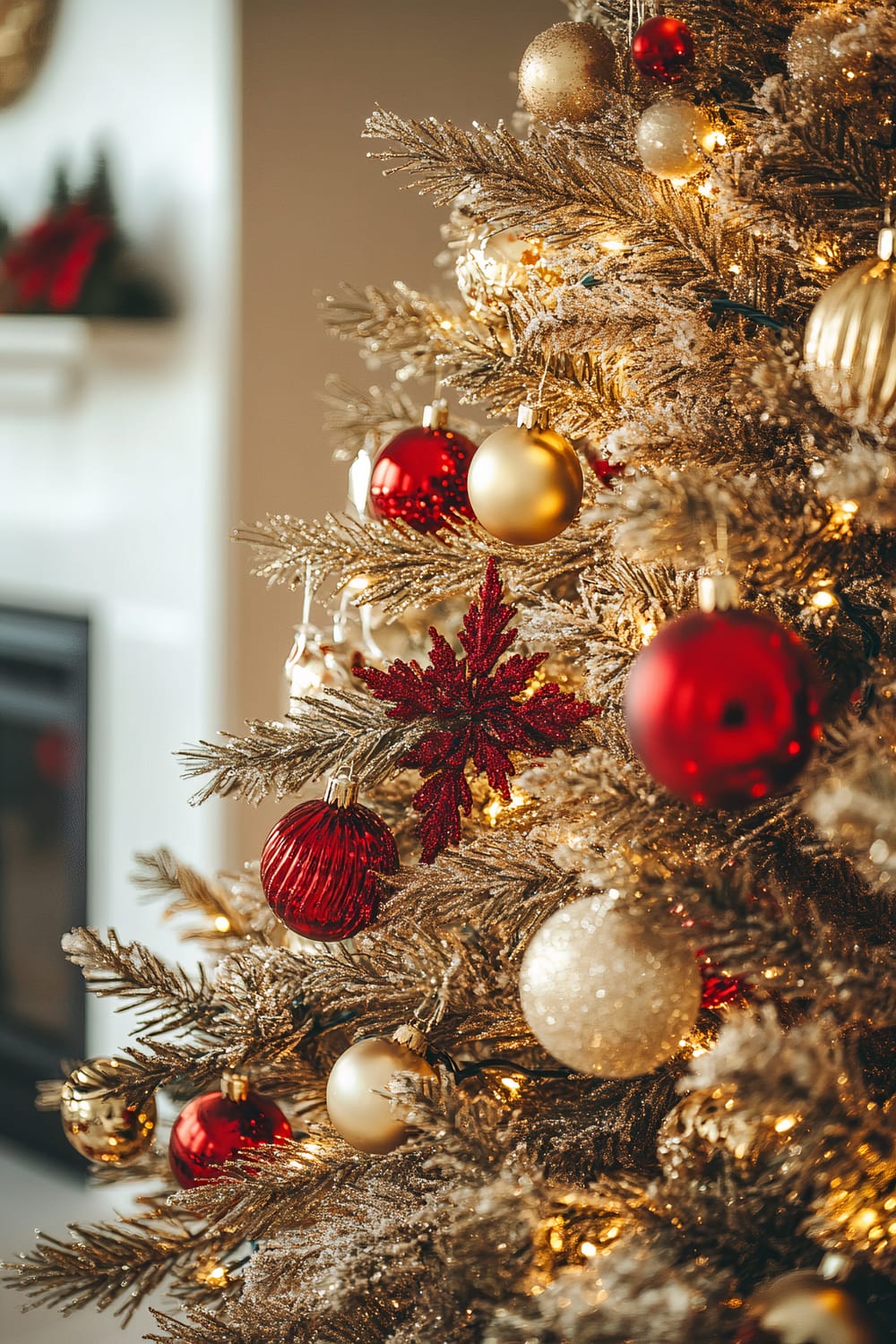 A close-up view of a Christmas tree adorned with decorations. The tree is illuminated with warm white lights and decorated with red and gold ornaments. Prominent decorations include spherical baubles of different designs and textures, such as glossy and matte finishes, as well as a red glittery snowflake ornament.