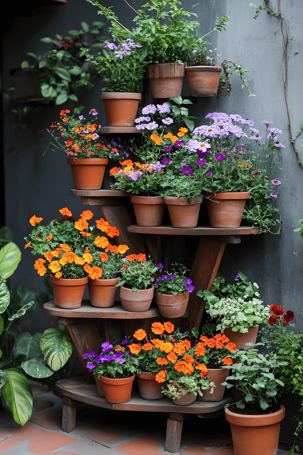 A corner plant stand with multiple levels, filled with small terra cotta pots of vibrant marigolds, violets and creeping thyme, placed on a small patio.