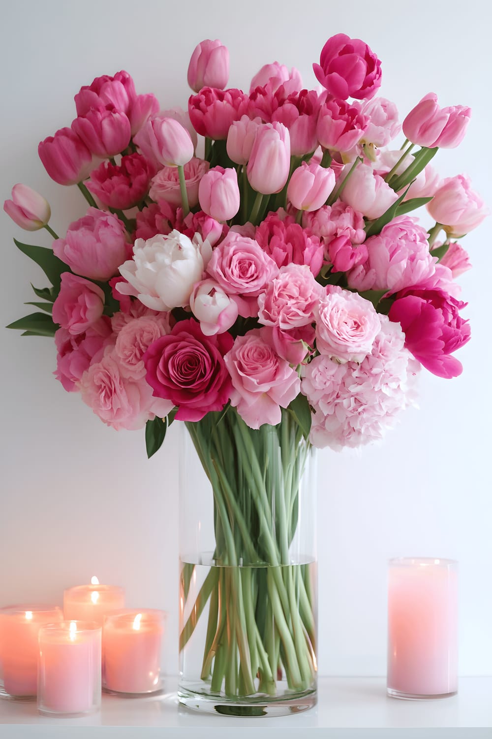 An artistic still-life arrangement of pink roses, peonies, and tulips, basking in the glow of soft candlelight, delicately placed within a clear, elongated glass vase which is positioned on a clean, white floating shelf against a matte white backdrop.