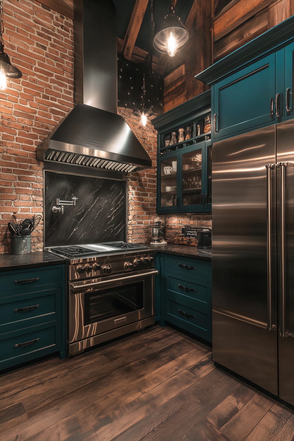 This image shows a moody farmhouse kitchen with dark teal cabinets and onyx black countertops. The centerpiece is a stainless steel range with a large hood in a matte finish. The refrigerator, also stainless steel, is positioned to the right. Exposed brick walls and dark wood accents enhance the rustic charm of the space, while pendant lighting with dark shades above casts soft, dramatic shadows.