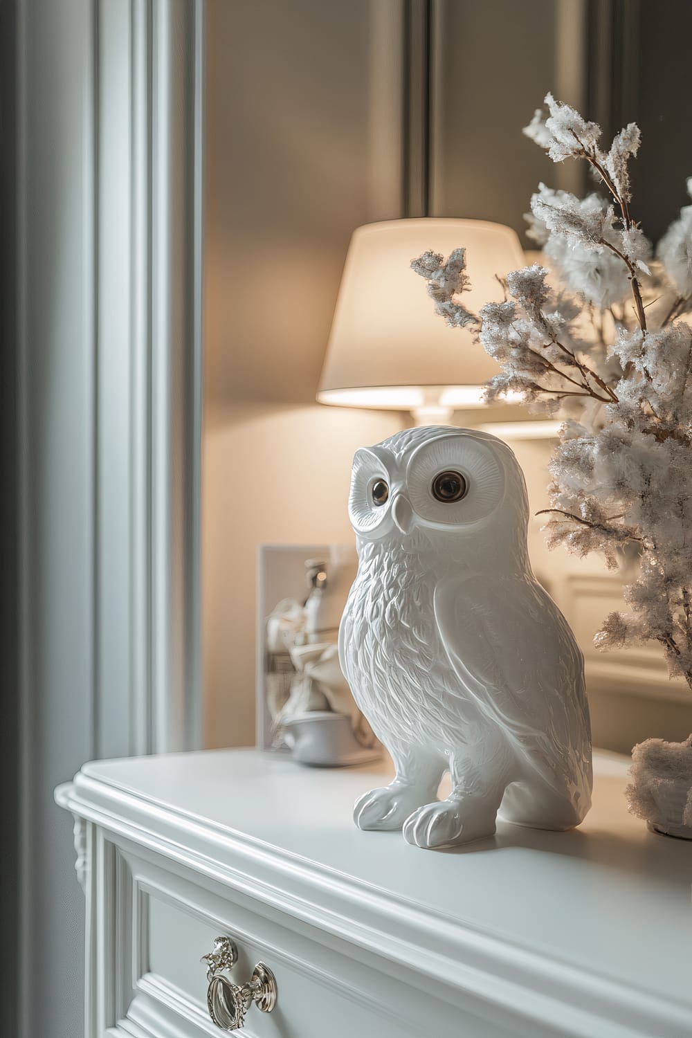 A white porcelain owl figurine is prominently placed on a high-end dressing table in a sophisticated bedroom. The scene is softly illuminated by elegant vanity lighting, with decorative snowy branches in the background. The dressing table is white with ornate drawer handles.