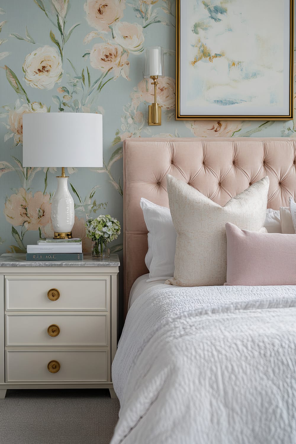 A bright, sophisticated bedroom corner featuring a tufted pink velvet headboard adorned with a beige and a pale pink pillow. Adjacent to the bed stands a classic white three-drawer nightstand with brass knobs, topped with a white and brass table lamp, books, and a small glass vase with white flowers. The backdrop showcases an elegant floral wallpaper in pastel colors, complementing the overall soft aesthetic. A modern abstract painting with a gold frame hangs above the nightstand, adding a touch of contemporary flair.