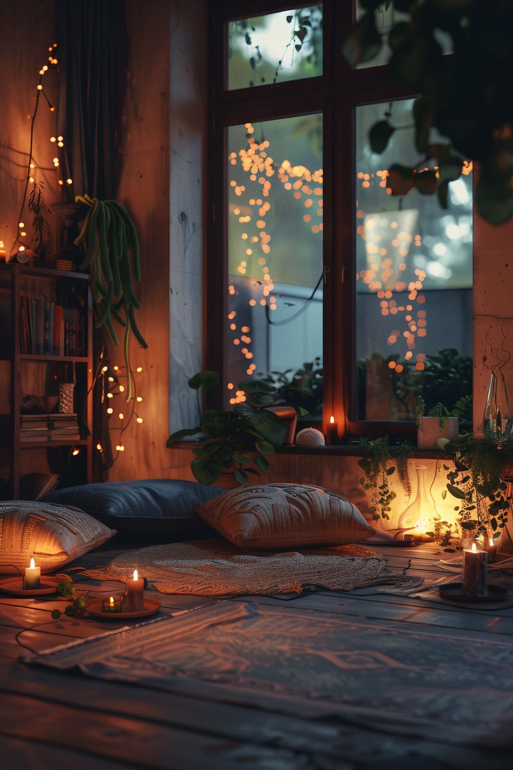 This image shows a cozy reading nook adorned with warm string lights and numerous candles that cast a gentle glow throughout the room. The corner features a large window with views of outdoor string lights framing the night sky. Cushions and blankets are positioned on the wooden floor next to a low bookshelf filled with books and potted plants, creating an inviting and tranquil atmosphere.