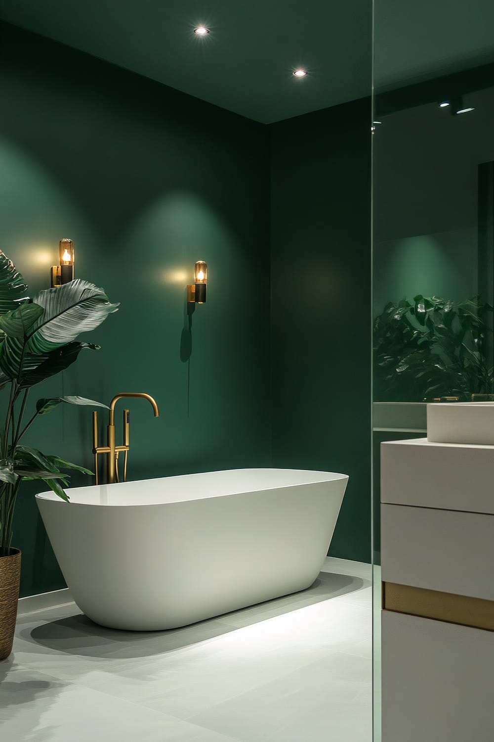 A modern bathroom featuring a deep green color scheme. The central element is a pristine white freestanding bathtub with golden fixtures. Adjacent to the bathtub is a large, lush green plant in a woven pot. Ambient lighting is provided by two wall-mounted light fixtures with exposed bulbs. The floor is tiled in a light, neutral shade, and a modern vanity is partially visible in a mirror reflecting additional greenery.