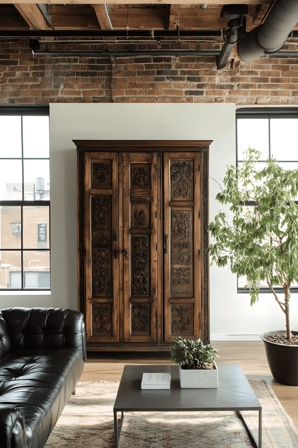 A room in an industrial minimalist loft adorned with exposed brick walls and steel beams. To the left, an expansive white wall features a large rustic wooden armoire with detailed carvings. In the middle of the room is a black leather sofa with a metal coffee table in front of it, while a Japanese Maple Bonsai plant sits on a small table to the right. Two walls, containing floor-to-ceiling windows, let rich sunlight pour into the room, illuminating the distinctive mix of decor styles.