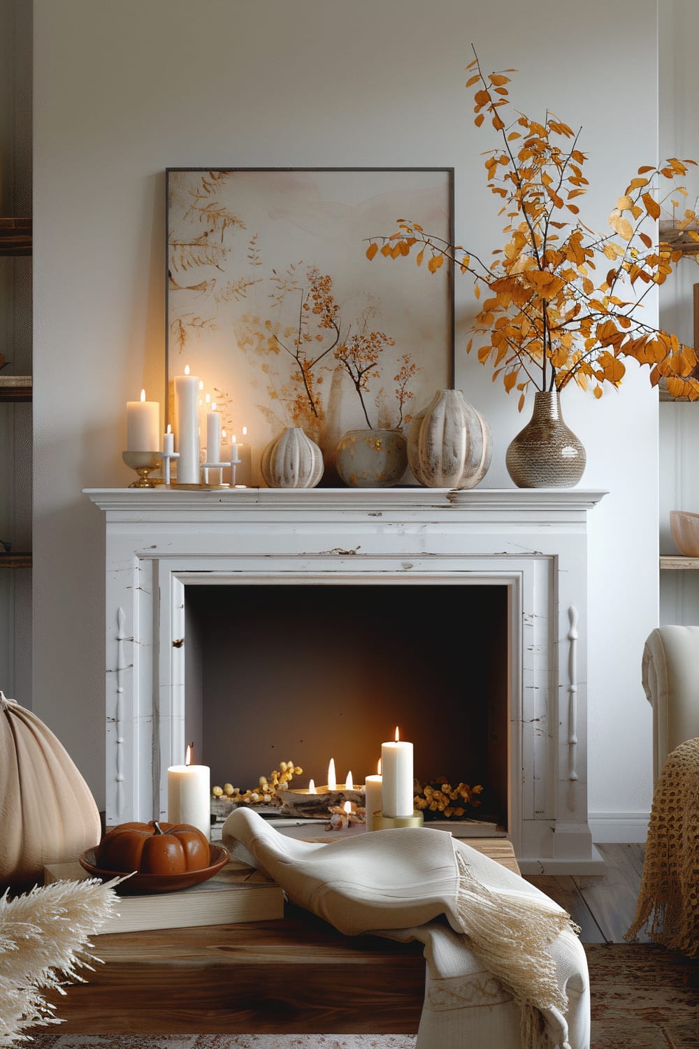 Stylish living room featuring a distressed, white-painted fireplace adorned with a framed botanical print and several vases, some holding fall branches with orange leaves. Multiple white candles of varying sizes are placed on the mantel and within the fireplace, casting a warm glow. To the left, a knitted pumpkin decor is set on a wooden surface, along with a plush beige throw blanket draped casually.